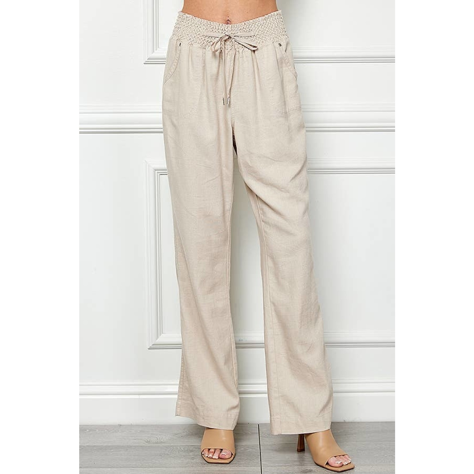 Wide Cut Pull On Linen Pants with Elastic Waistband