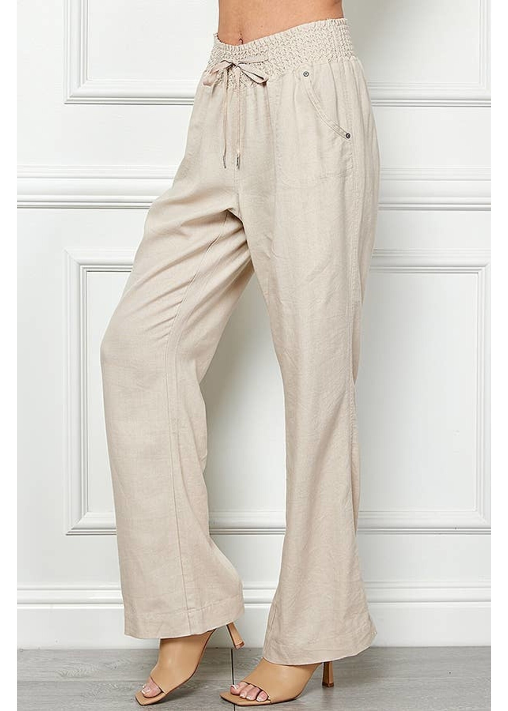 wide cut pull on linen pants with elastic waistban