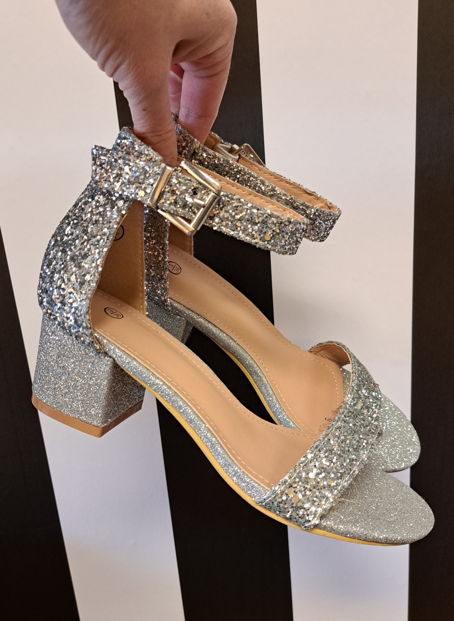 Silver Metallic Sparkle Dressy Heels Shoes Open Toe Ankle Straps Women's  Size 10 | eBay