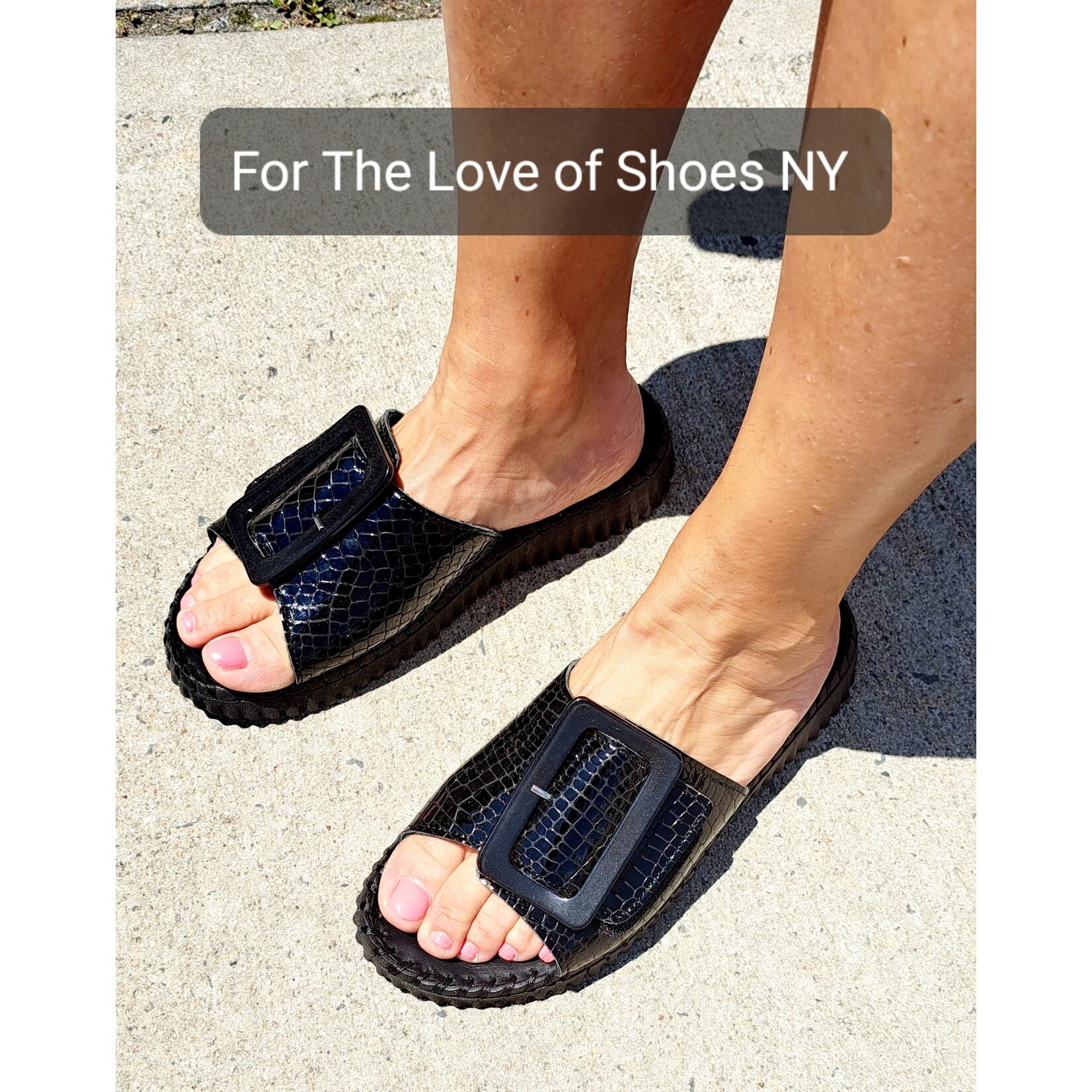 Eric Michael Darla Adjustable Sandal in Black Croc Patent  Leather Eric Michael