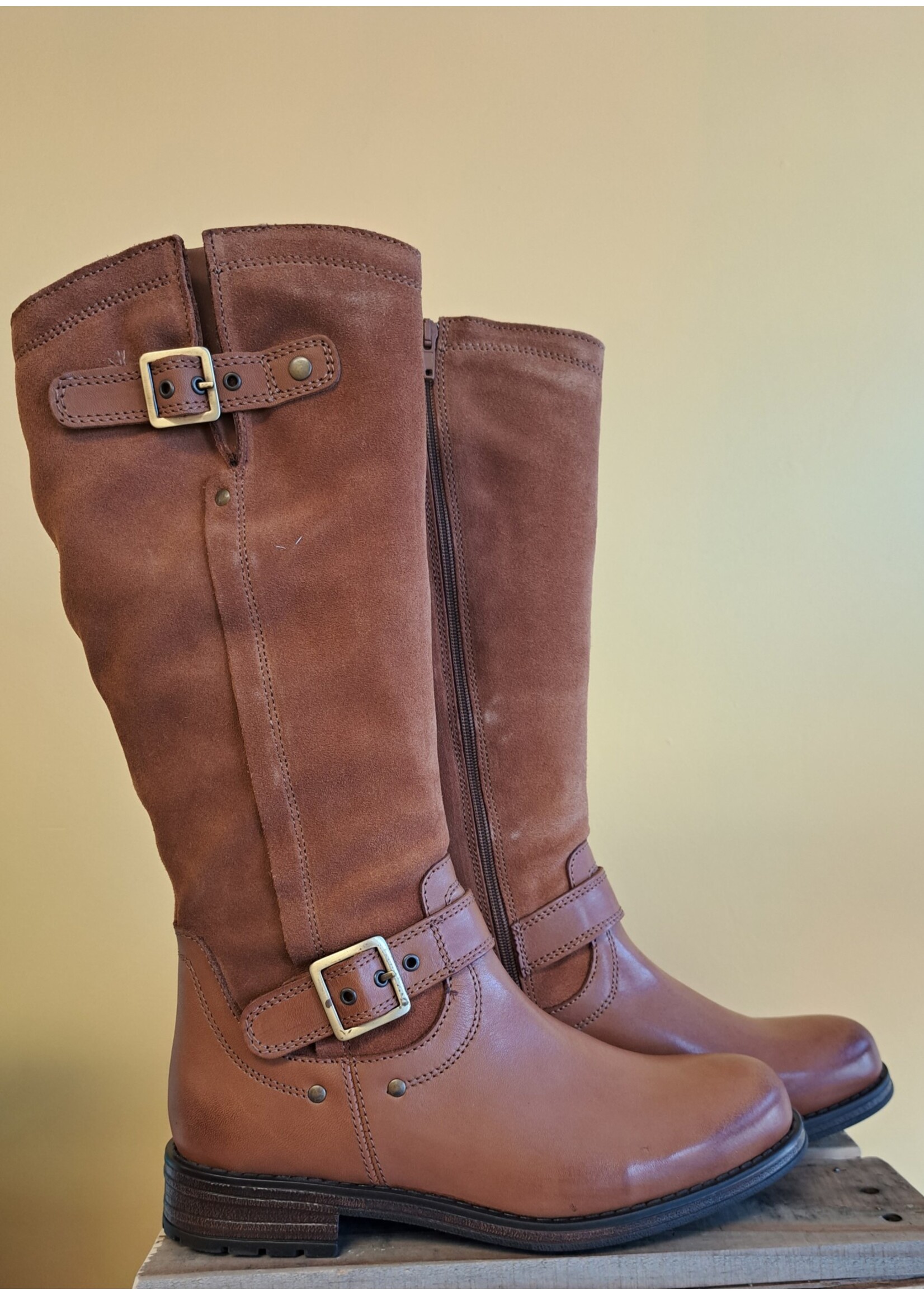 Eric Michael Helena Cognac Suede Leather Combo Boot by Eric Michael 50% Off