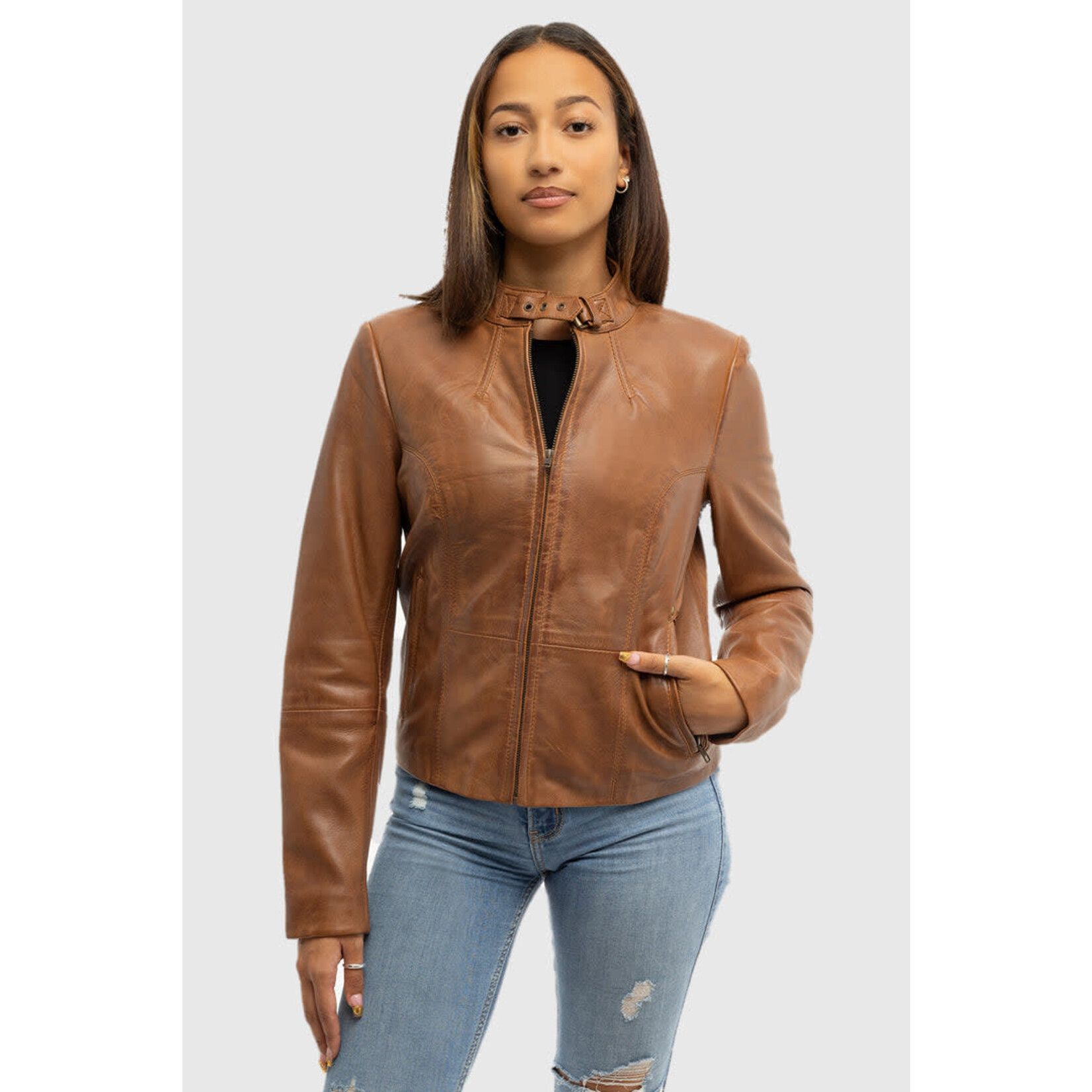 Whet Blu Rexie Womens Leather Jacket Dark Cognac  50%  Off  Final Sale