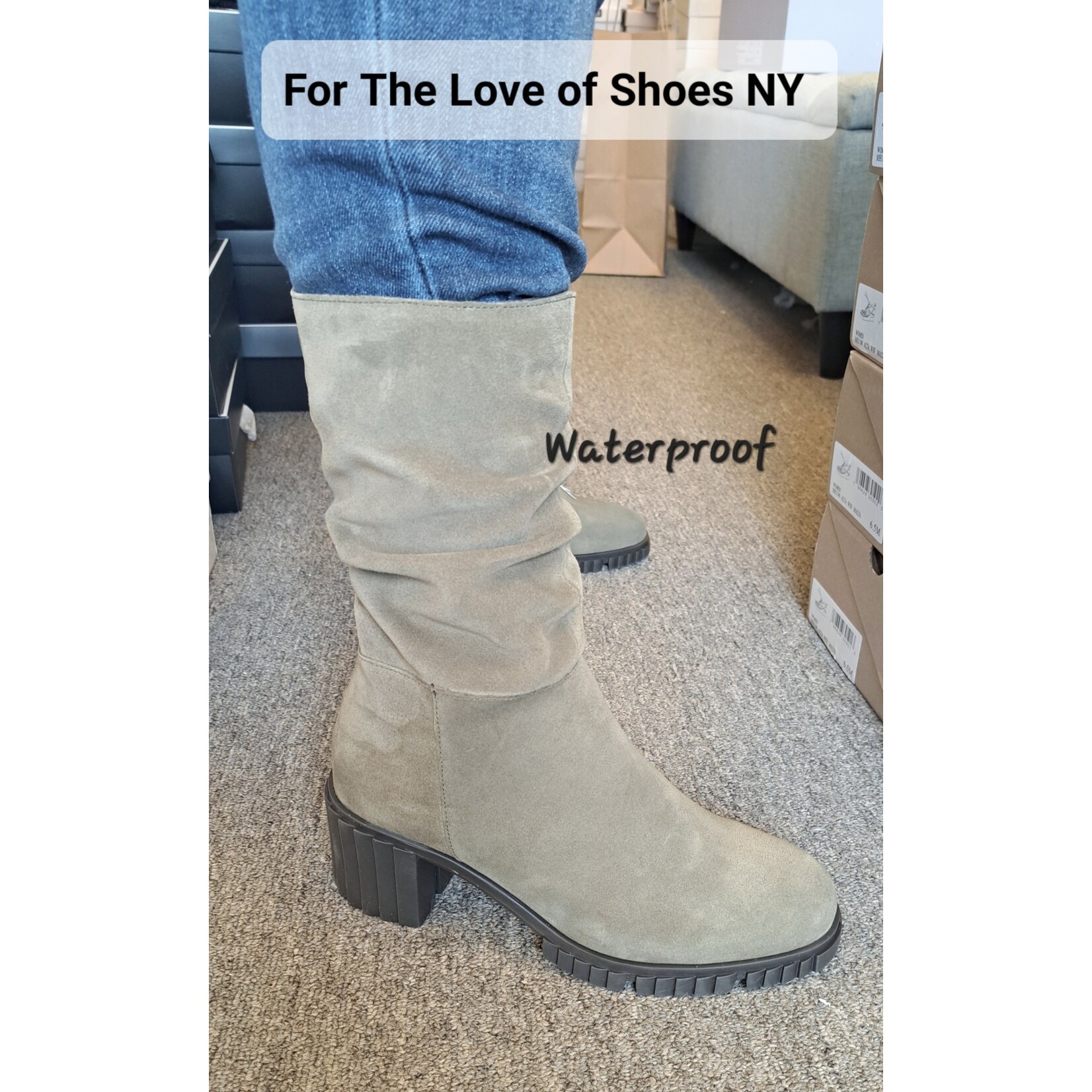 Eric Michael Mercedes Truffle Green Suede Waterproof Slouch Boots by Eric Michael 25% Off