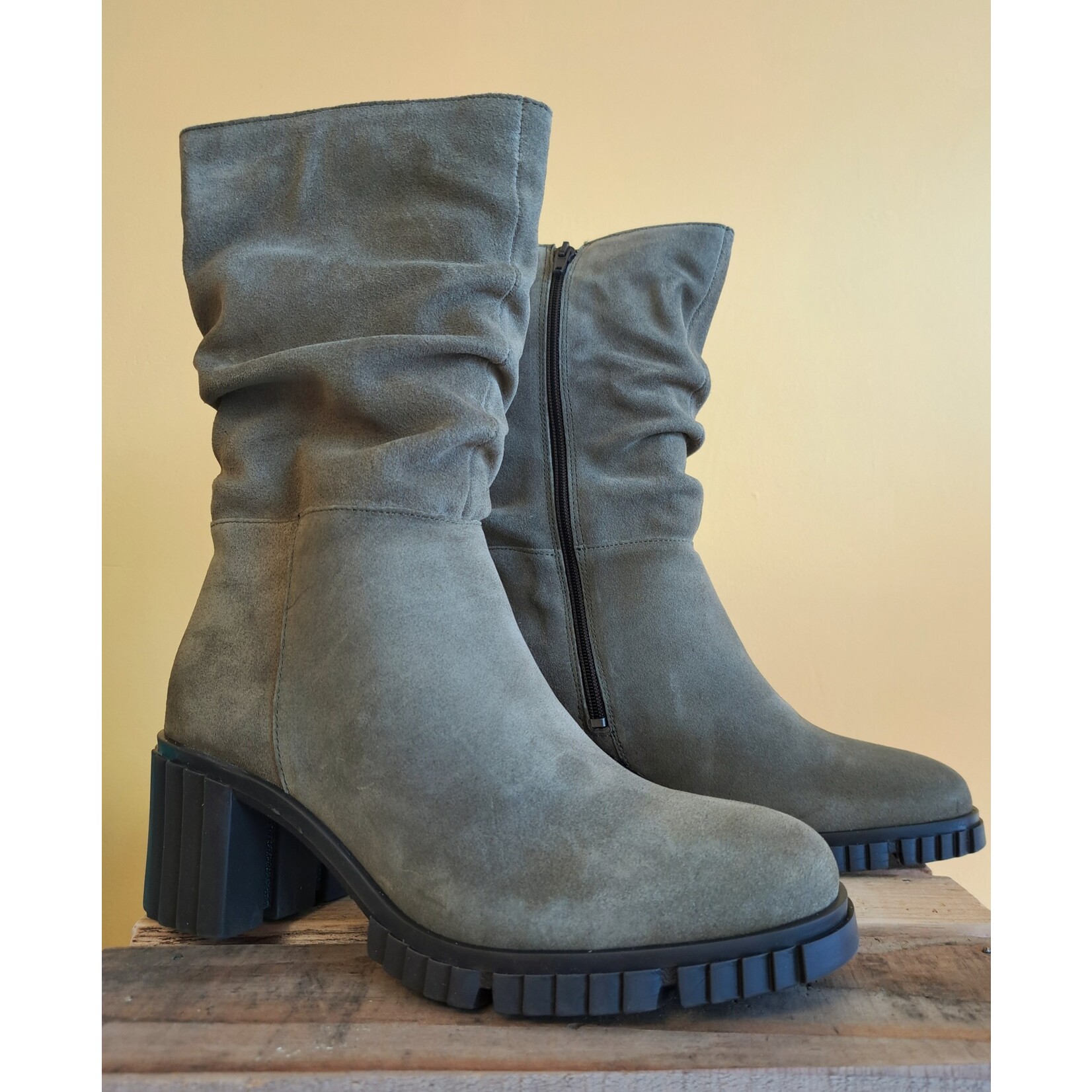 Eric Michael Mercedes Truffle Green Suede Waterproof Slouch Boots by Eric Michael 25% Off