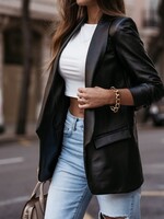 Hidden Brand Loose Fitting Open Front  Faux Leather Blazer in Black
