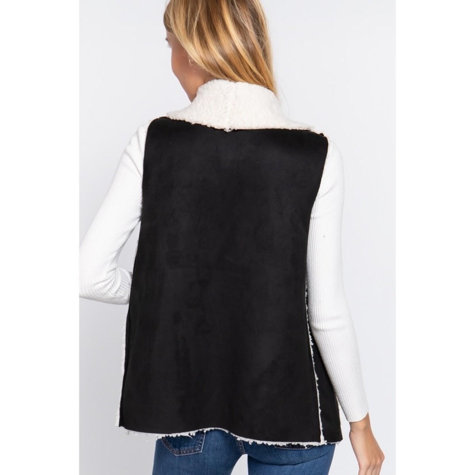 Faux Sherling and Sueded Long Vest in Black 100% Polyester