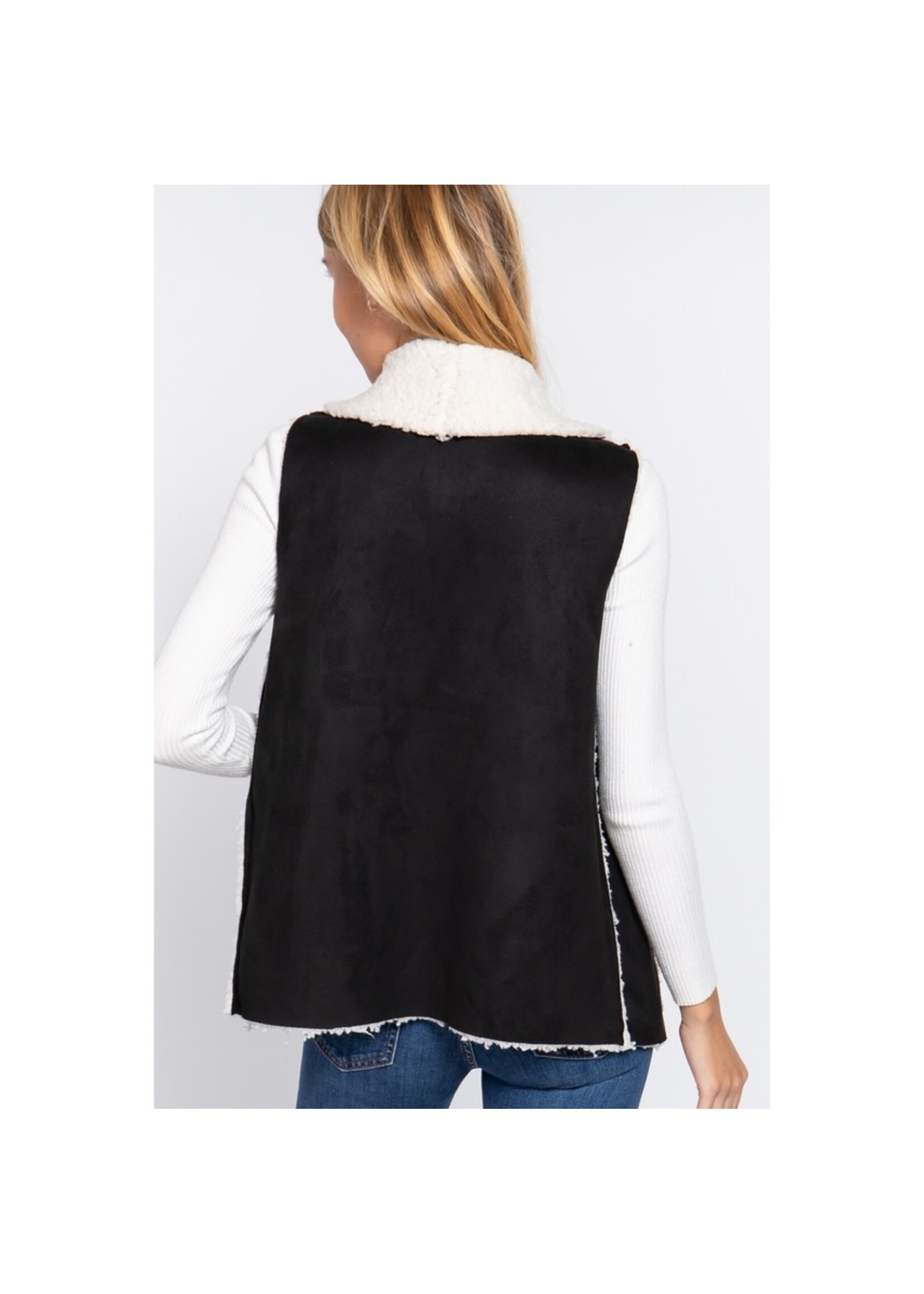 Faux Sherling and Sueded Long Vest in Black 100% Polyester