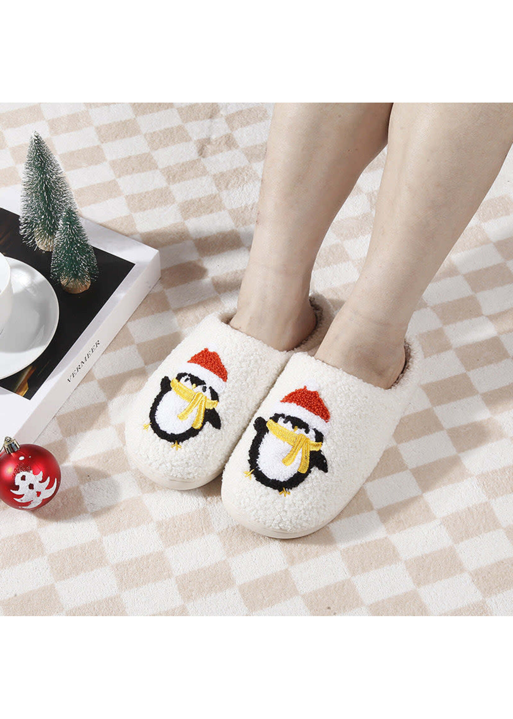 Penguin Santa Hat  Holiday Christmas Slippers