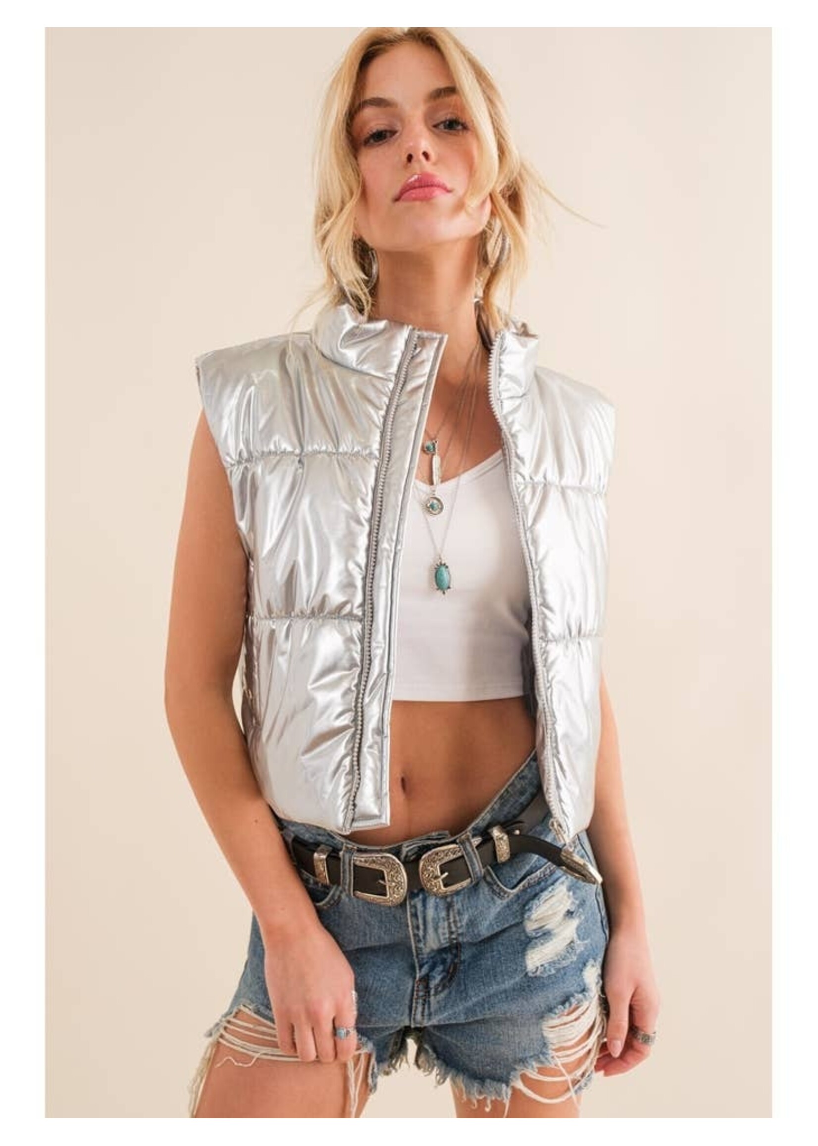 Metallic Silver Zip Up Puffer Vest