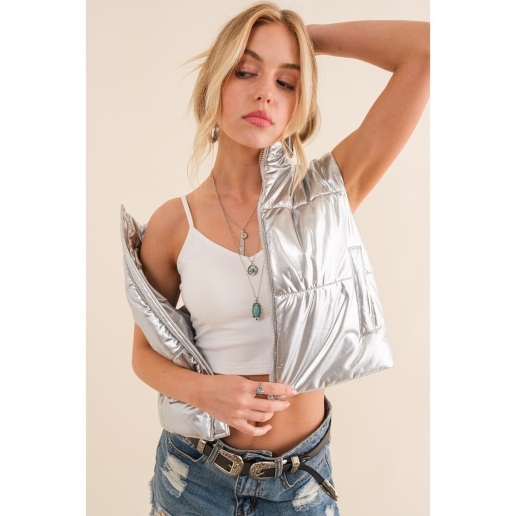 Metallic Silver Zip Up Puffer Vest