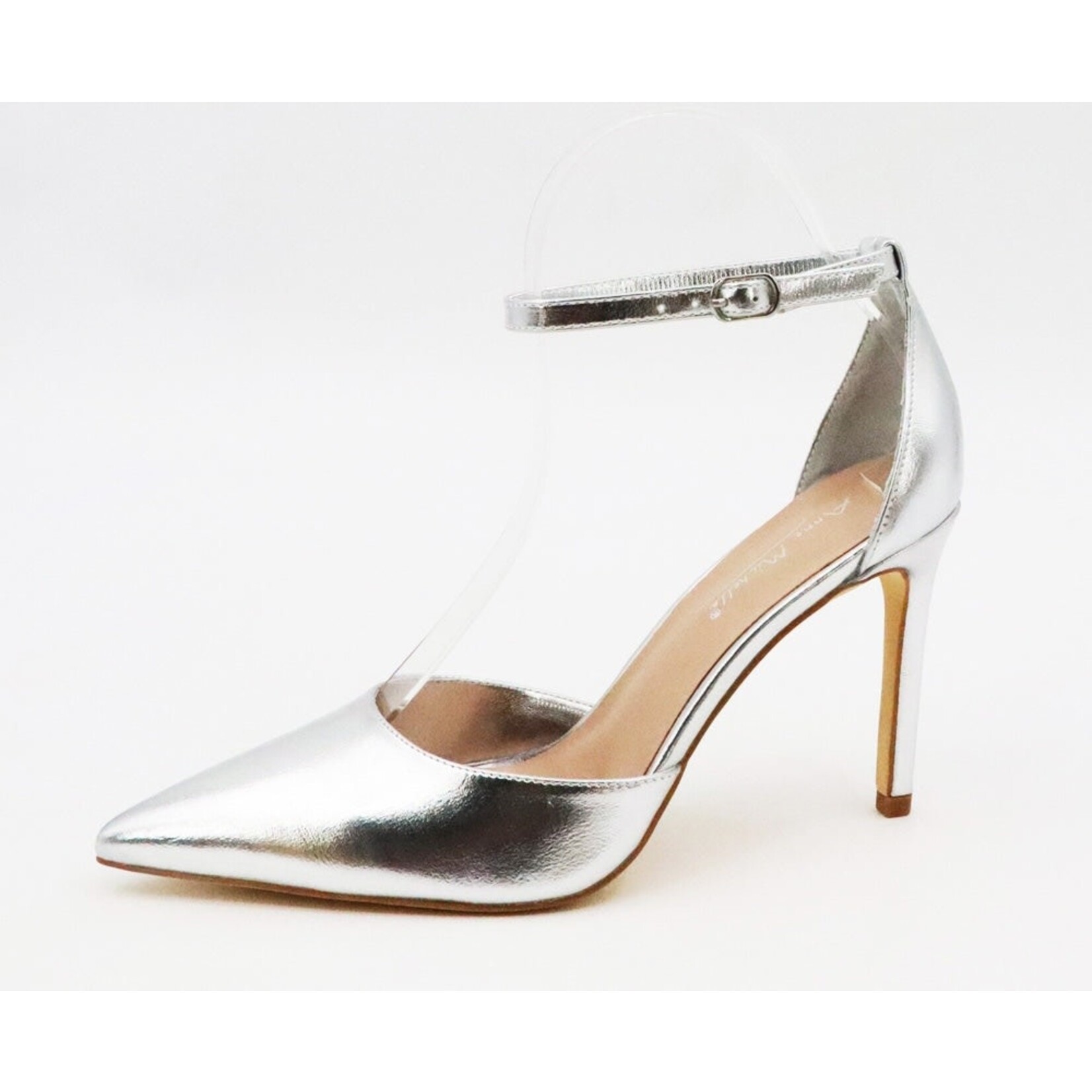 Silver Metallic Stiletto Ankle Strap Pointy Toe Pump