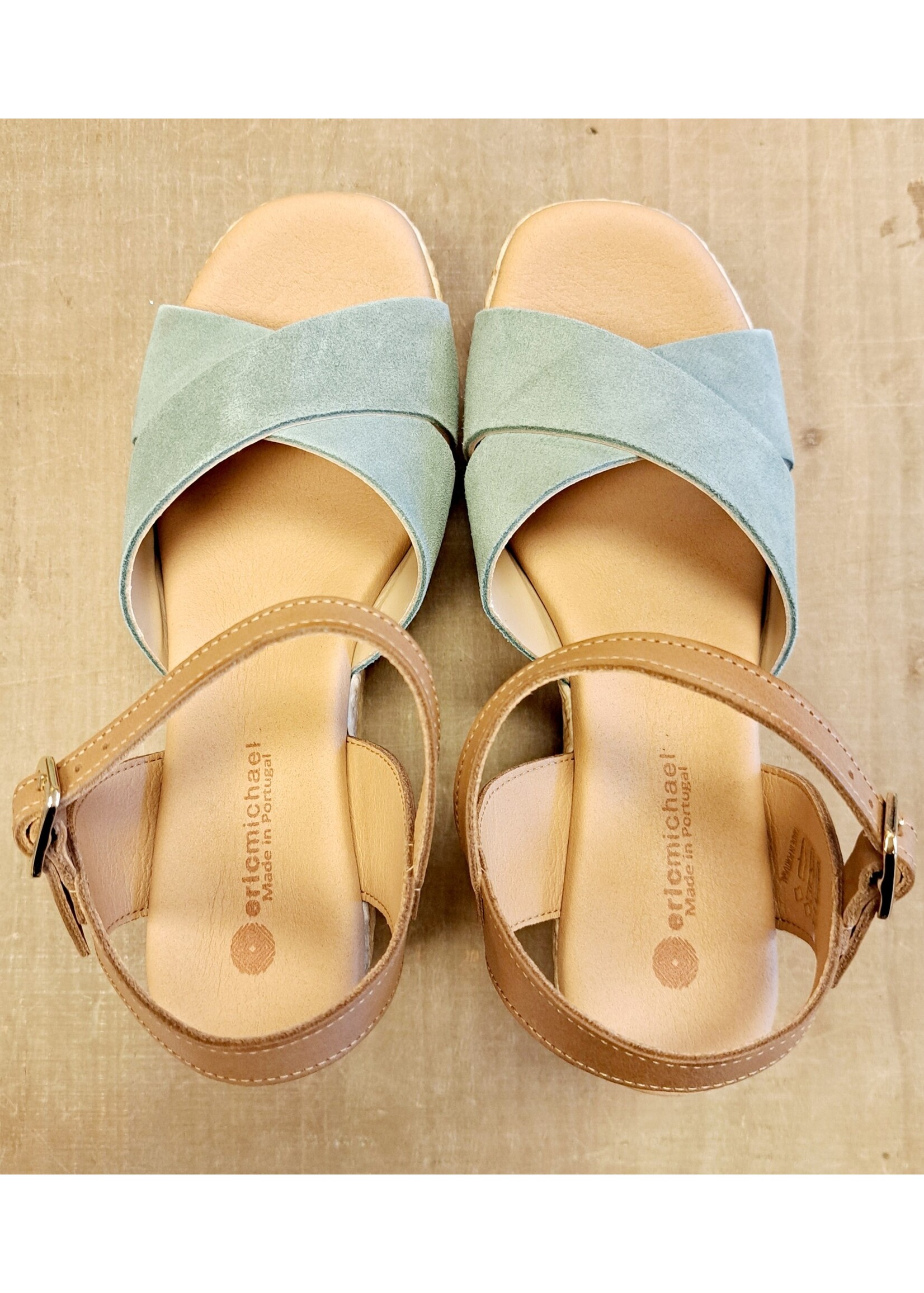 Eric Michael Bonita in Mint Suede Tan Leather Wedges by Eric Michael