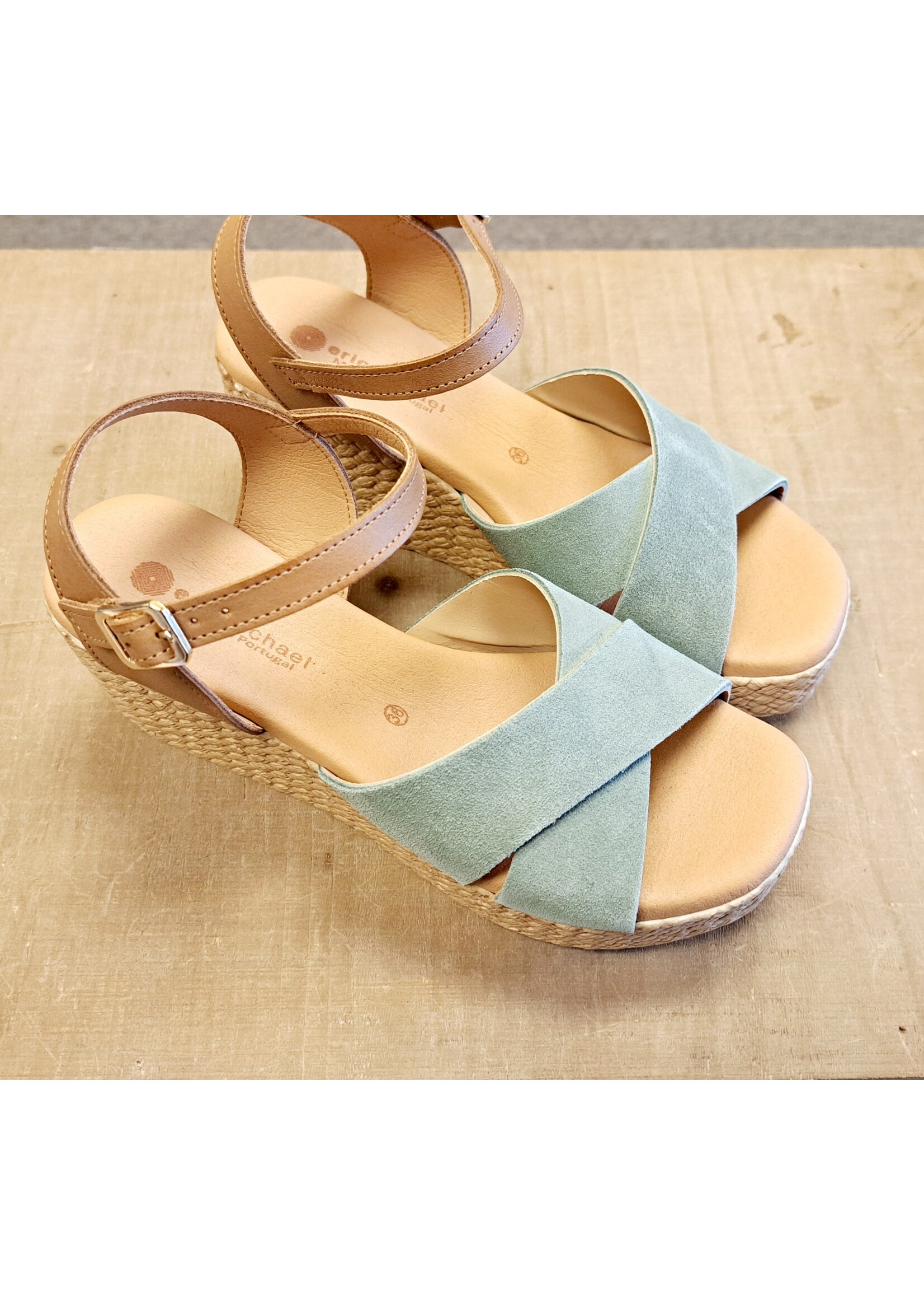 Eric Michael Bonita in Mint Suede Tan Leather Wedges by Eric Michael