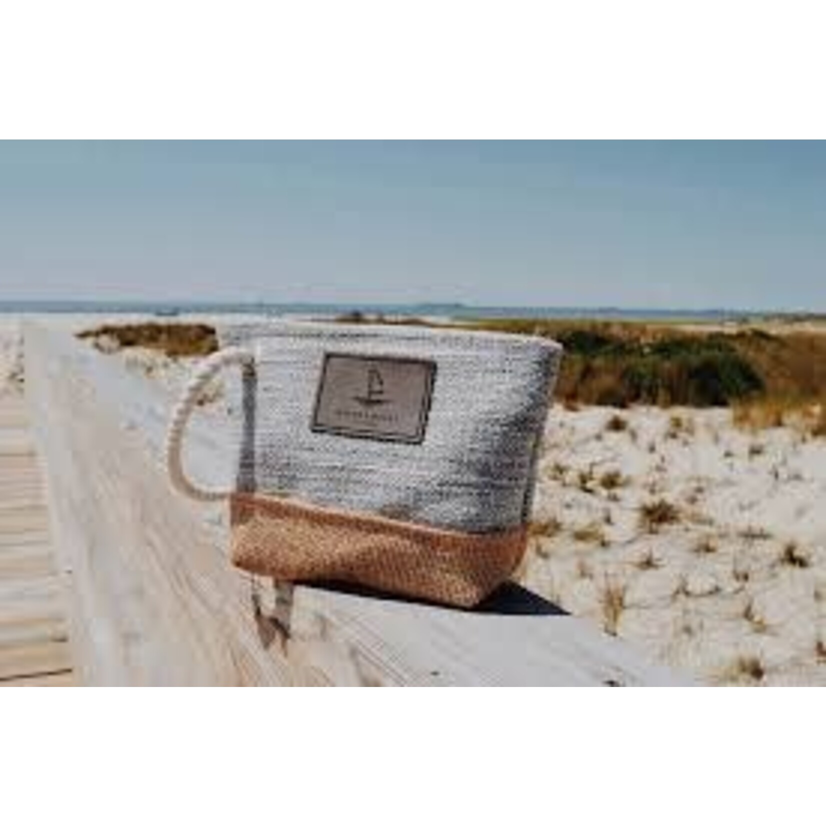 Wakes and Waves Heather Grey Wristlet Bag Leather Patch With Burlap Bottom by Wakes and Waves