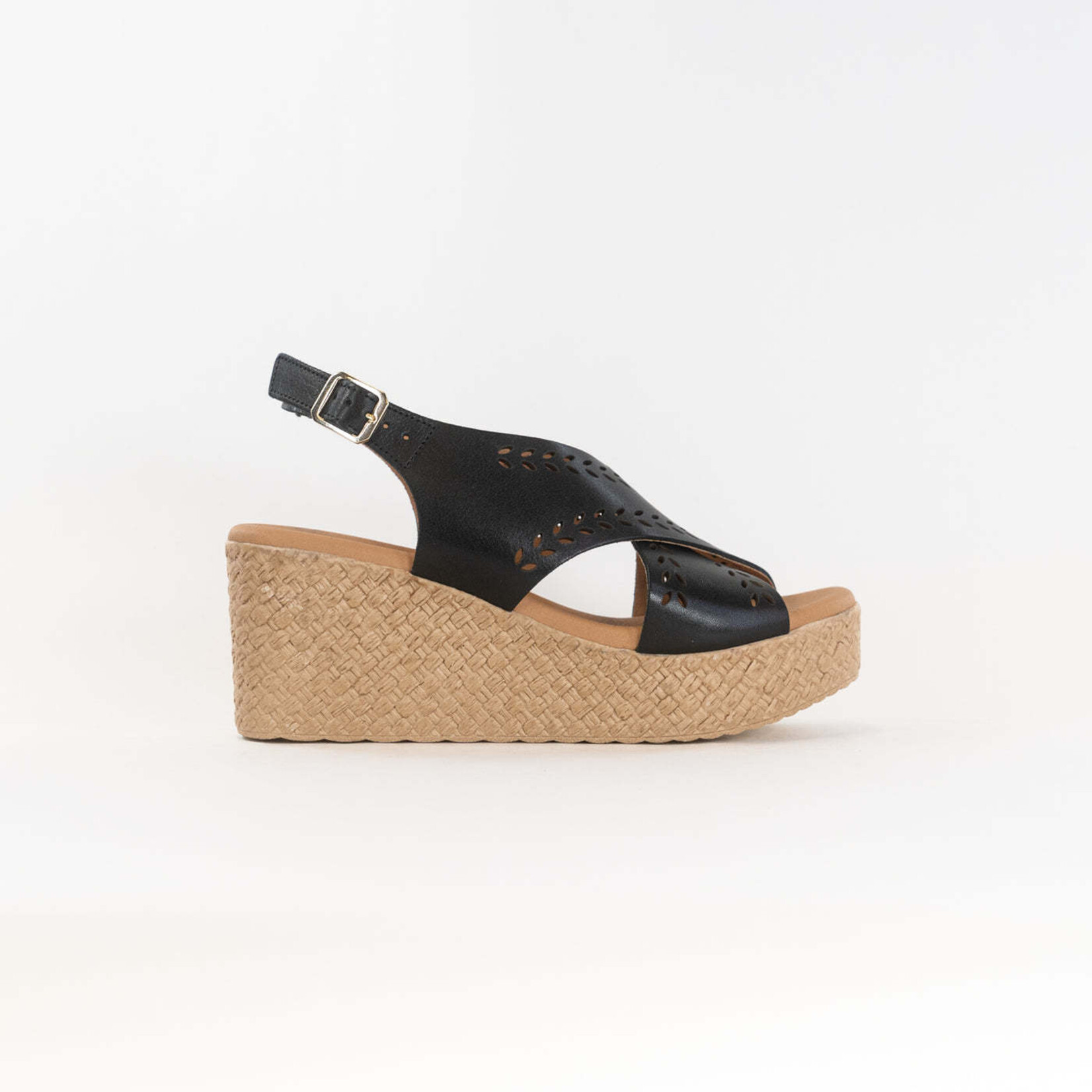 Eric Michael Bobbie Wedge Sandal in Black Leather by Eric Michael