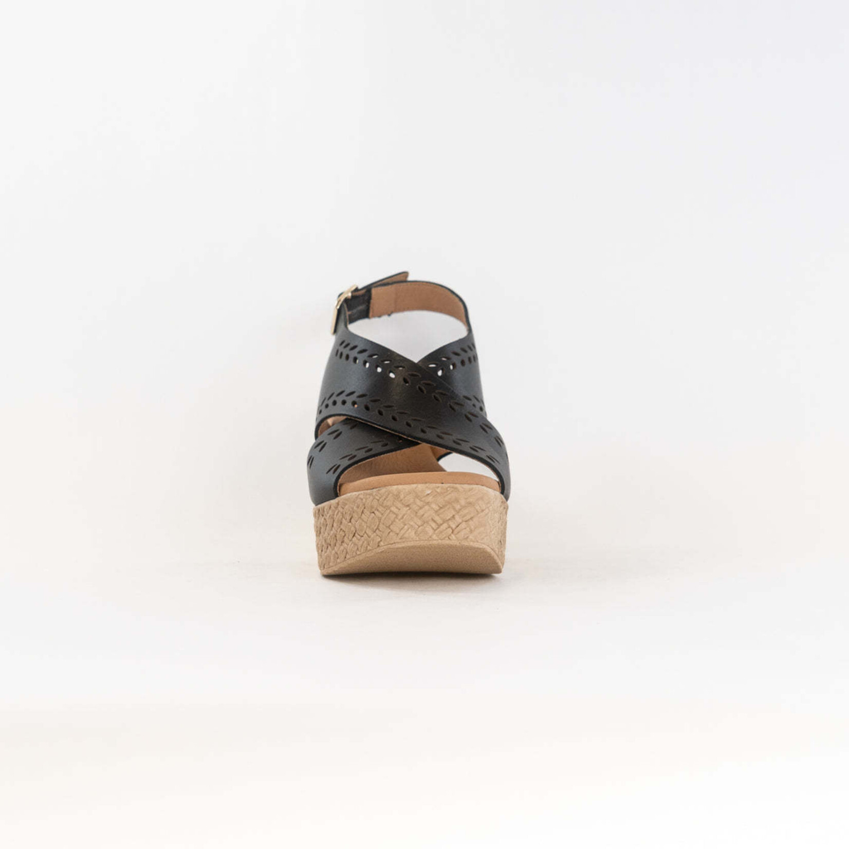 Eric Michael Bobbie Wedge Sandal in Black Leather by Eric Michael