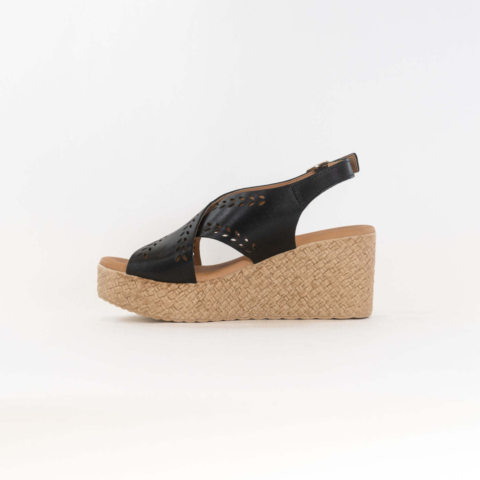 Eric Michael Bobbie Wedge Sandal in Black Leather by Eric Michael