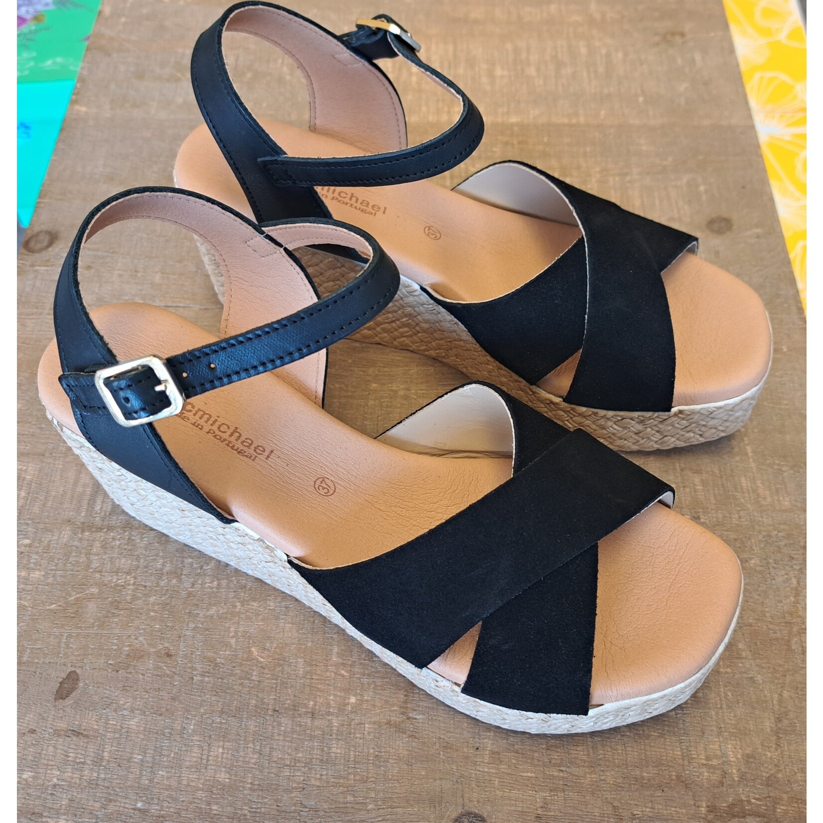 Eric Michael Bonita in Black Suede and Leather Wedges by Eric Michael