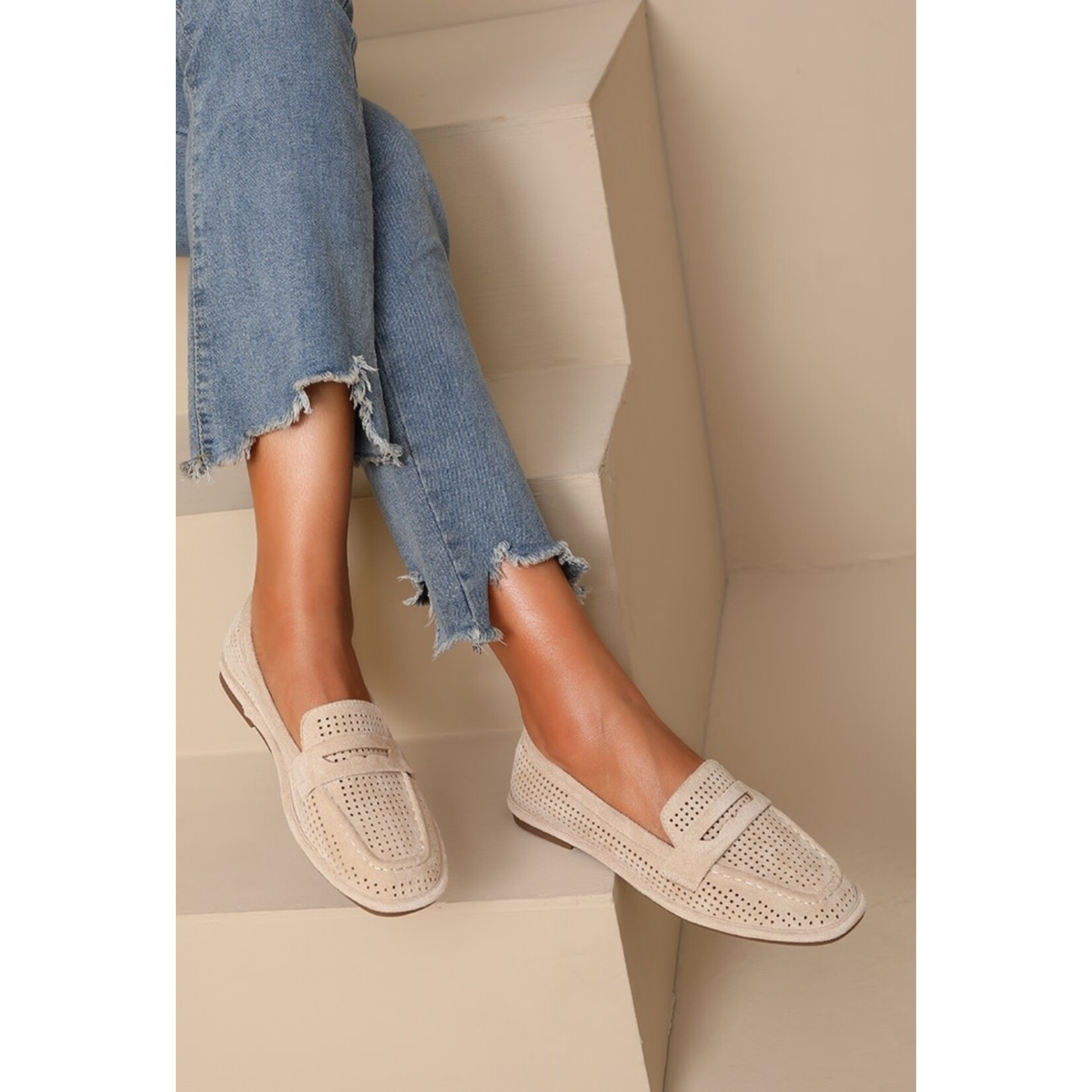 Joy Soft Moc Flat in Nude Faux Suede