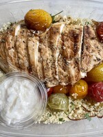 Grilled Chicken over Couscous Roasted Tomato & Golden Raisin Salad
