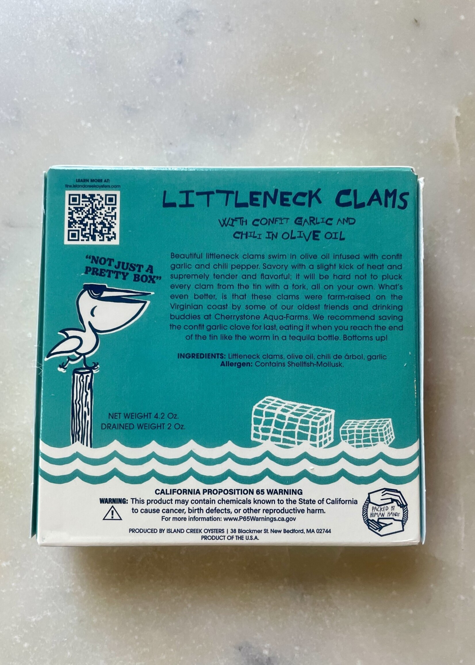 Island Creek, Single Origin Tin Littleneck Clams  Garlic & Chili in Olive Oil 4.2oz USA
