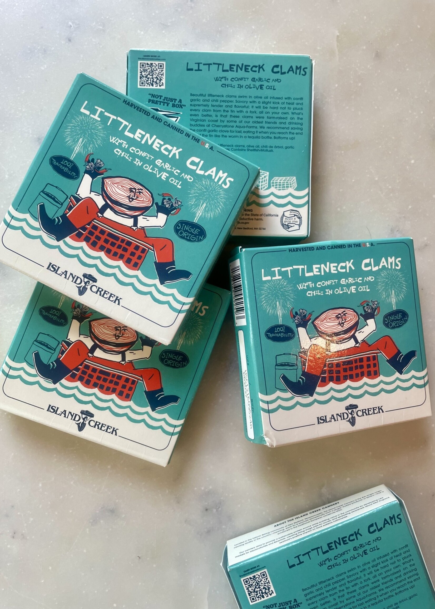 Island Creek, Single Origin Tin Littleneck Clams  Garlic & Chili in Olive Oil 4.2oz USA