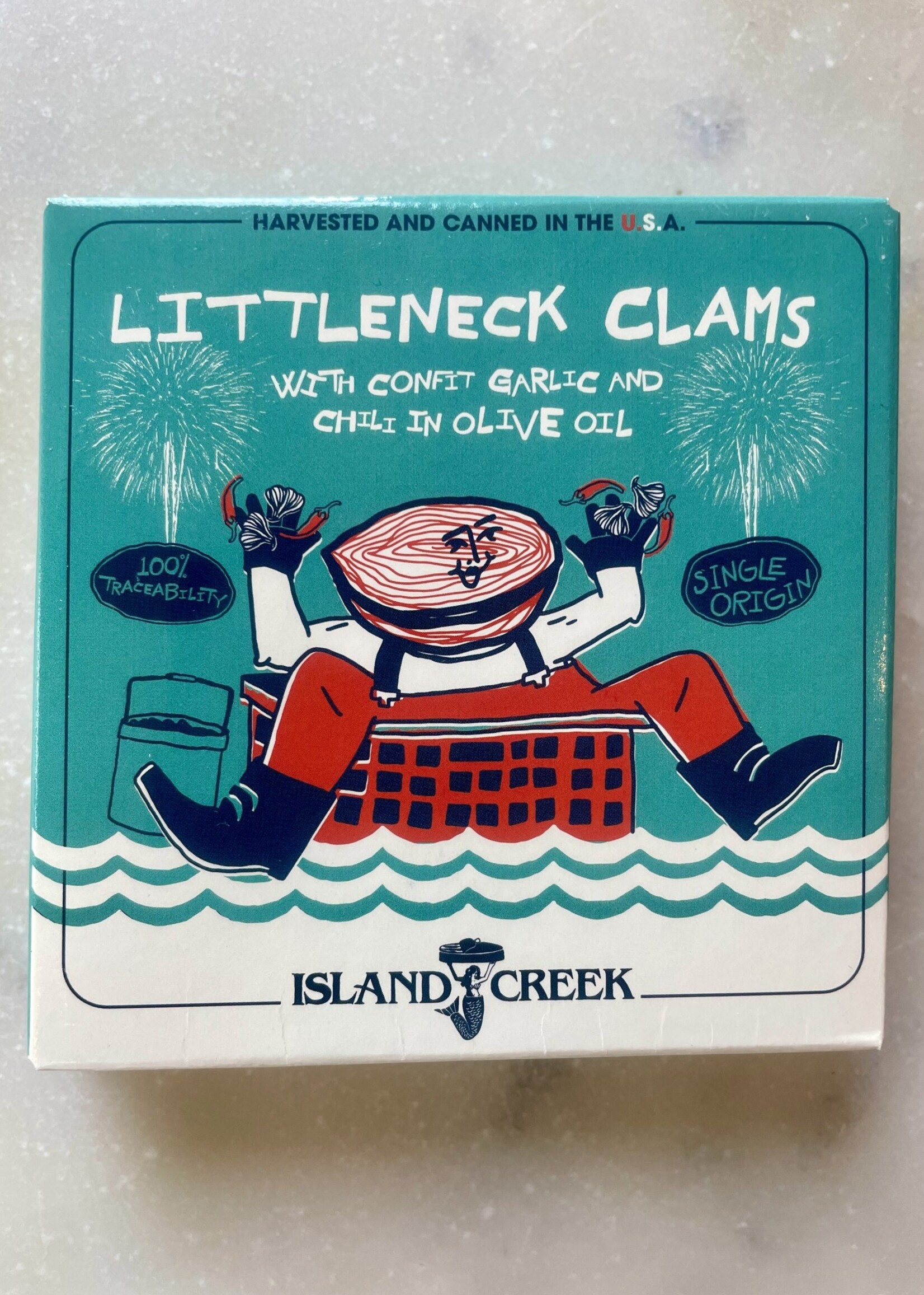 Island Creek, Single Origin Tin Littleneck Clams  Garlic & Chili in Olive Oil 4.2oz USA