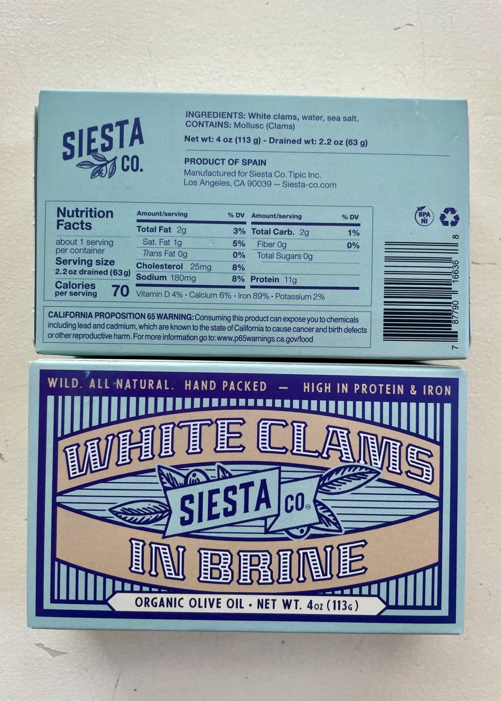 Siesta Co. White Clams in Brine w/ Organic Olive Oil 4oz (123g)