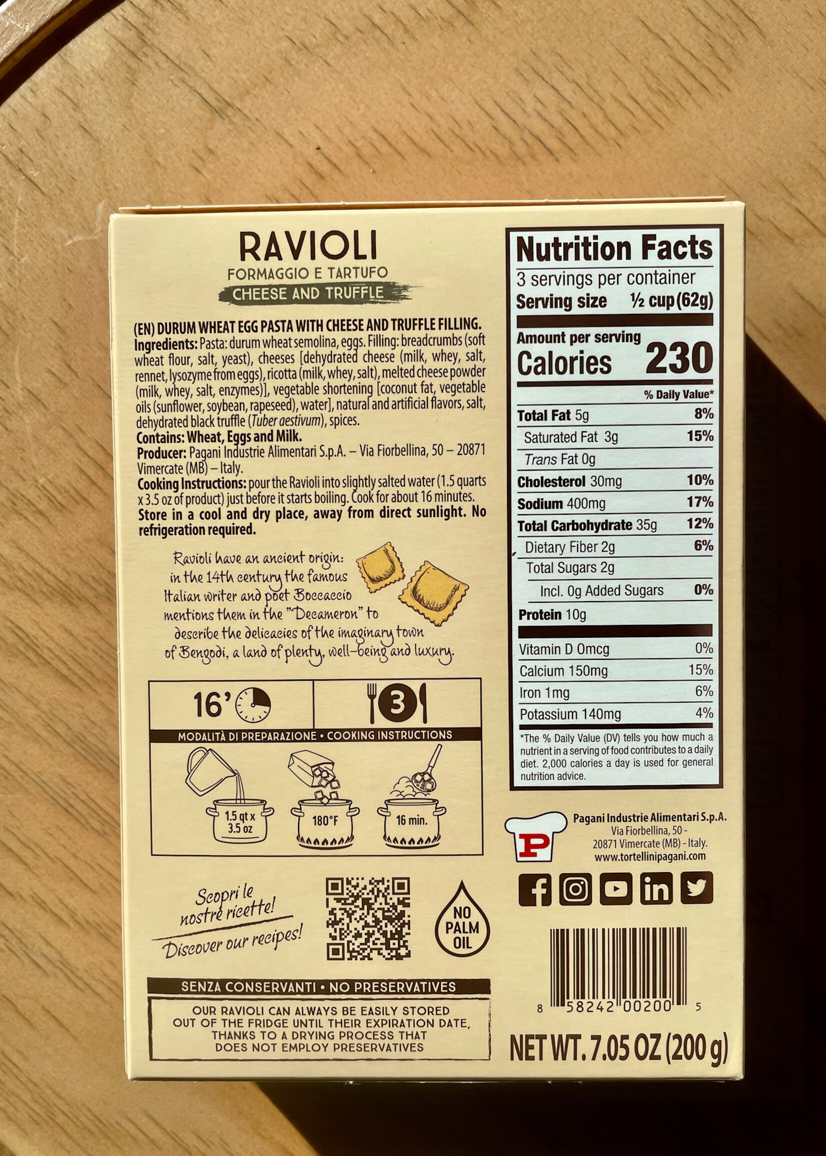 Pagani Ravioli Formaggio e Tartufo, Dried Cheese & Truffle Raviolis, Italy 7.05oz (200g)