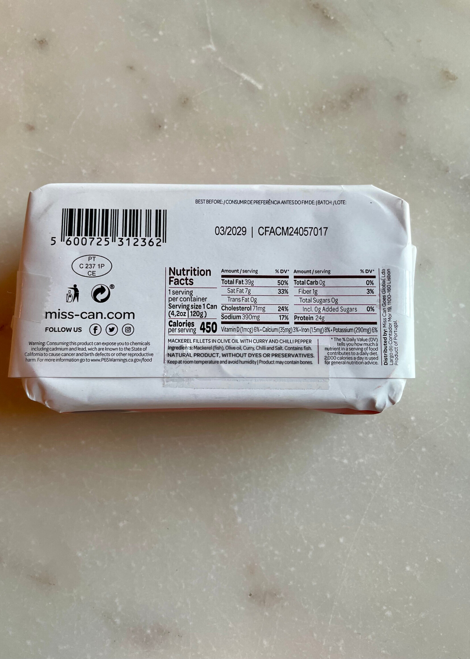 Miss Can Mackerel Fillets With Curry and Chili Pepper 4.20oz (120g)