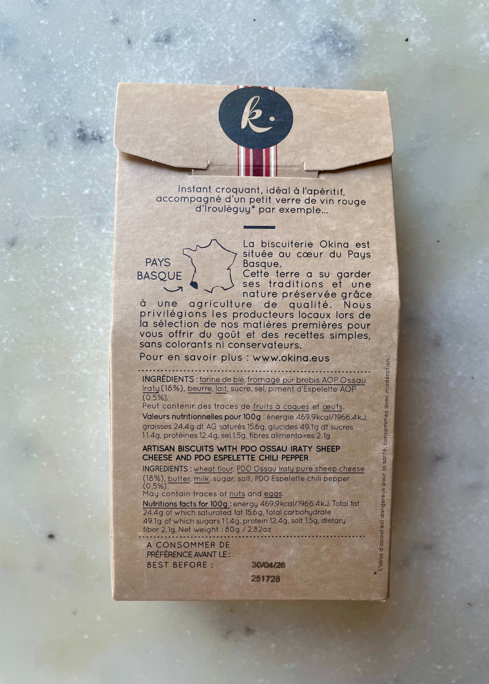 Okina Xiberoko Arroskillak, Biscuits Fromage De Brebis & Piment d’Espelette AOP, Pays Basque 80g