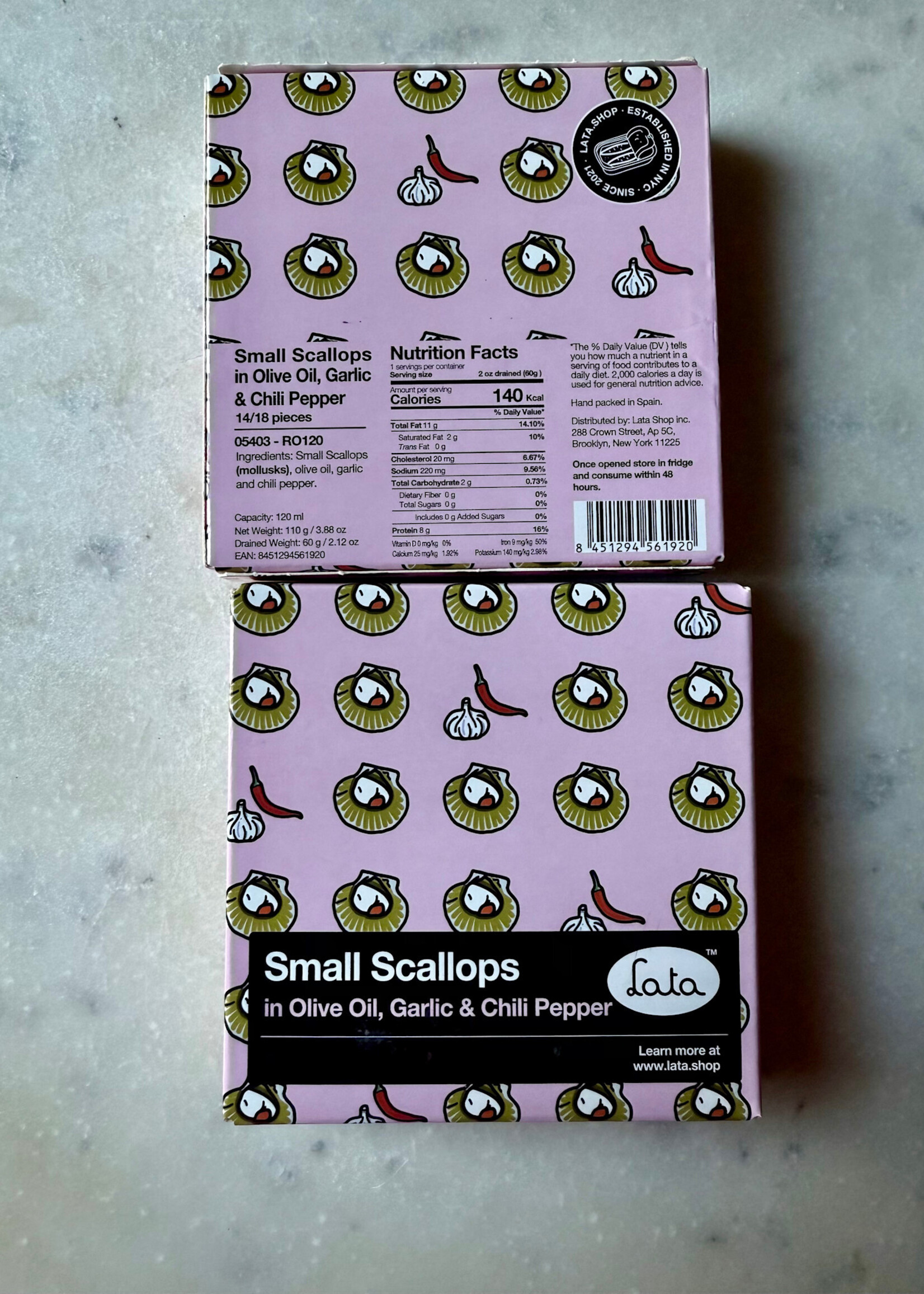 Lata Small Scallops in Olive Oil with Garlic & Chili Pepper 14/18 Pieces 110g/ 3.88oz