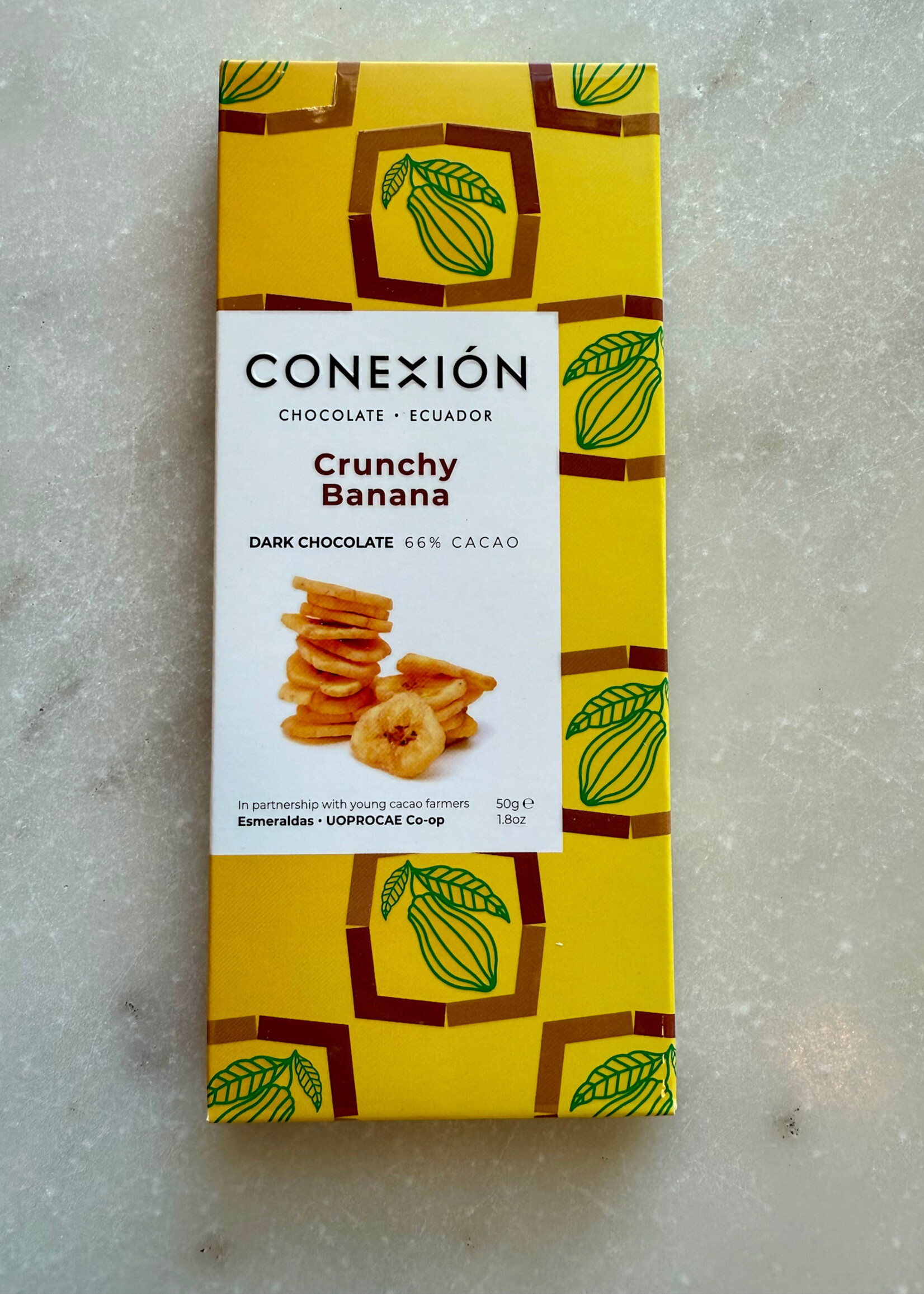 Conexión Chocolate, Crunchy Banana 66% Cacao Dark Chocolate, Ecuador 50g 1.8oz