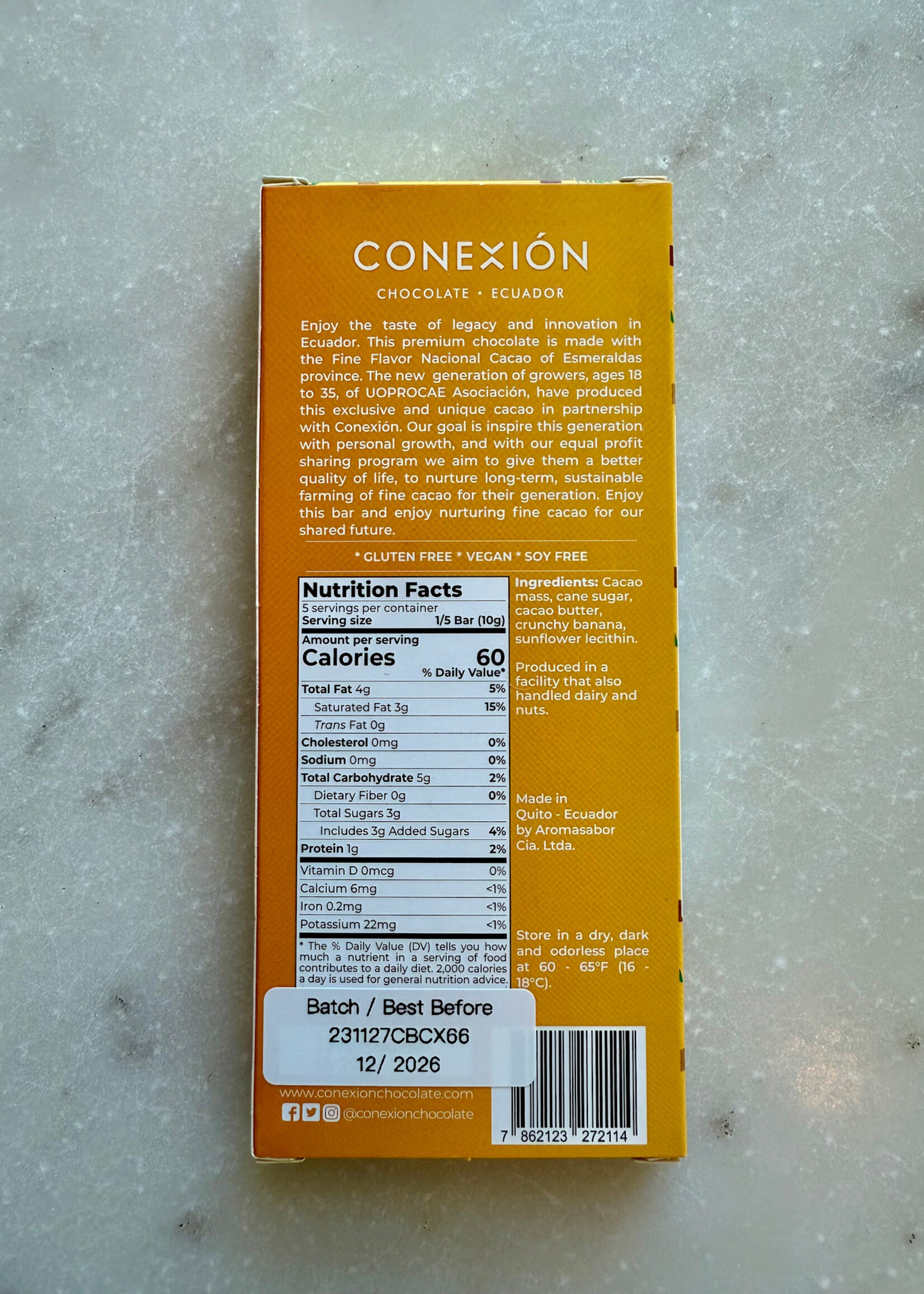 Conexión Chocolate, Crunchy Banana 66% Cacao Dark Chocolate, Ecuador 50g 1.8oz