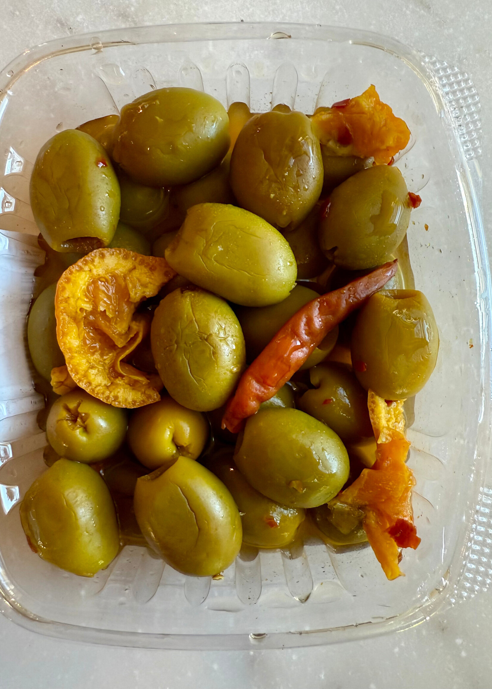 Large Tangerine Chili Marinated Green Olives 16oz