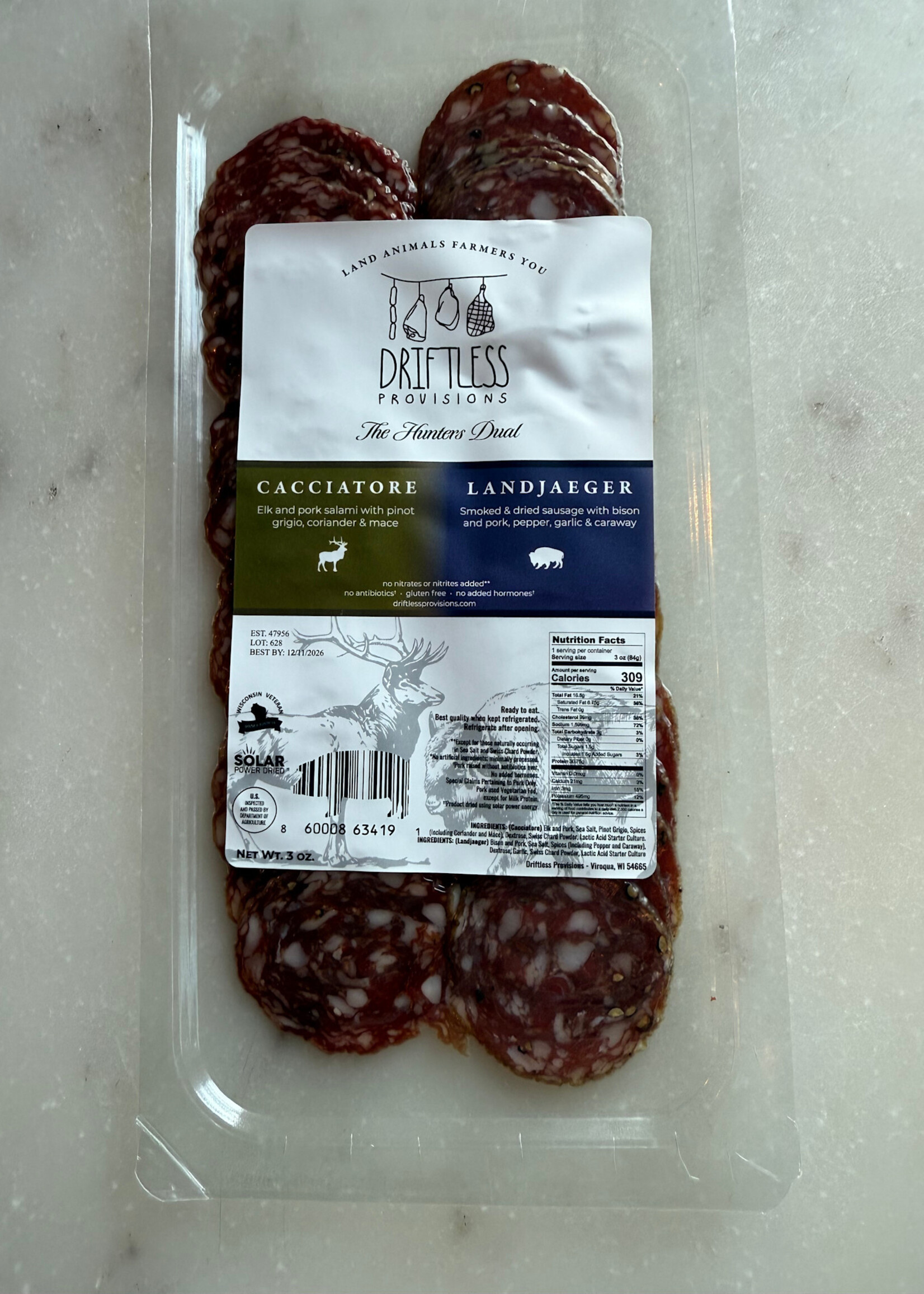 Driftless Provisions, The Hunters Dual: Elk Cacciatore & Bison Landjaeger, Viroqua, WI 3oz