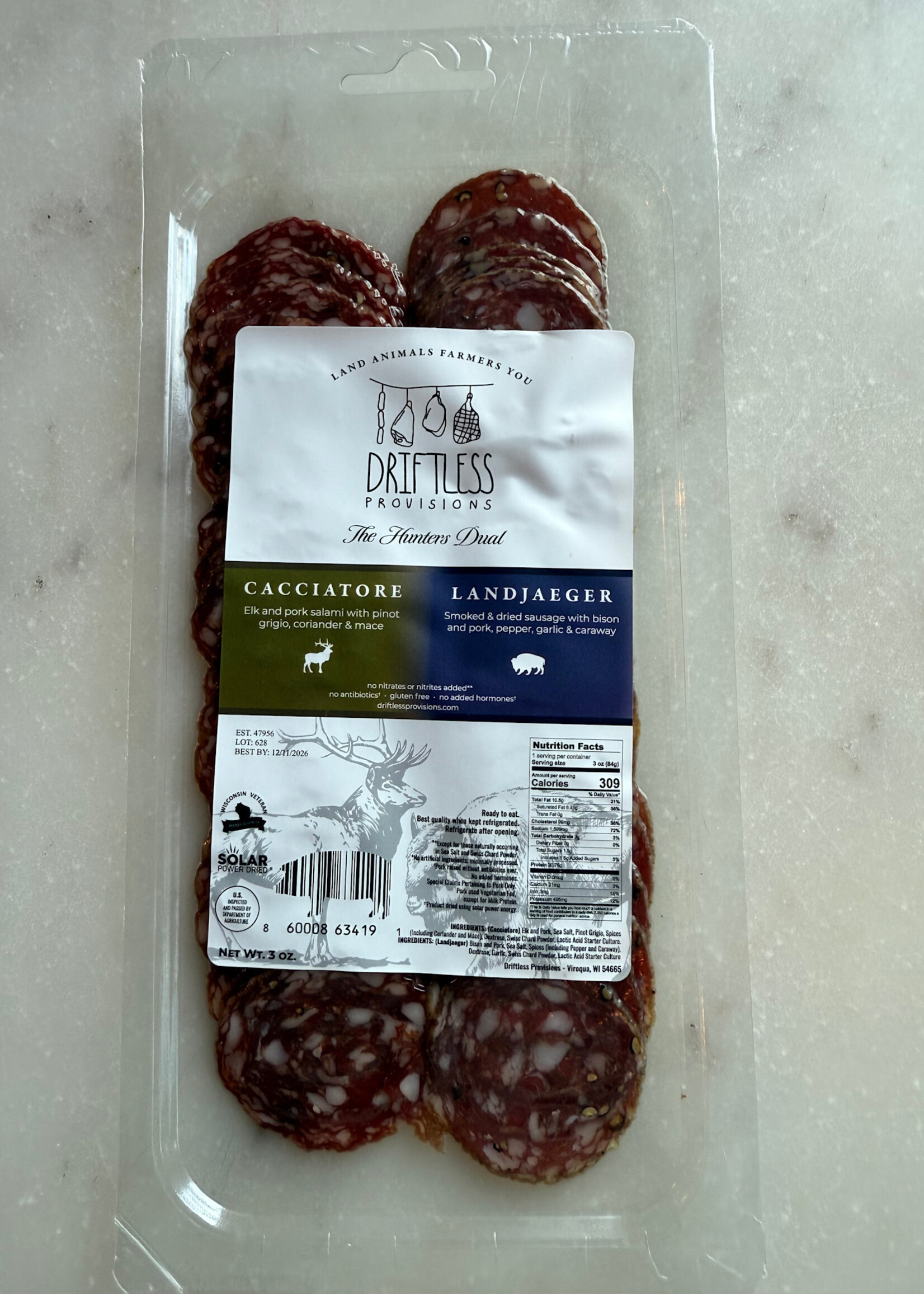 Driftless Provisions, The Hunters Dual: Elk Cacciatore & Bison Landjaeger, Viroqua, WI 3oz