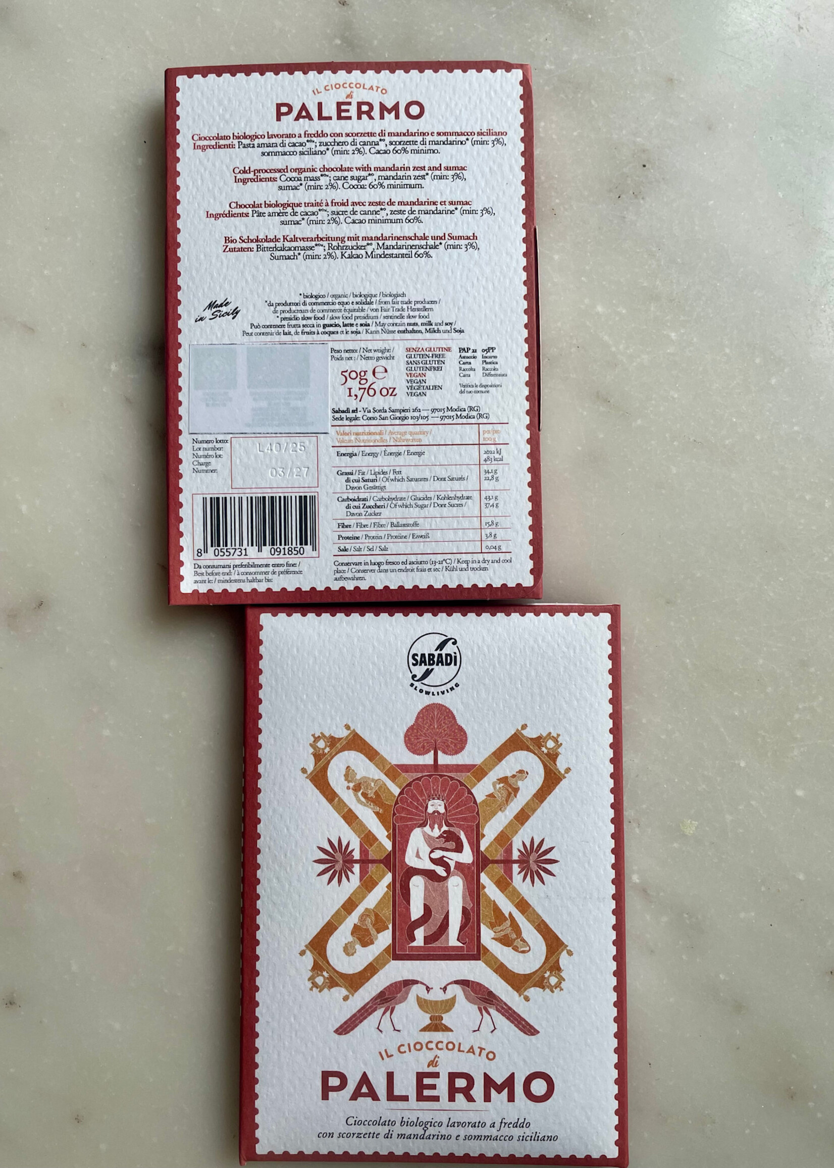 Sabadi Organic Palermo with Mandarin Zest & Sumac 60% Cocoa 50g