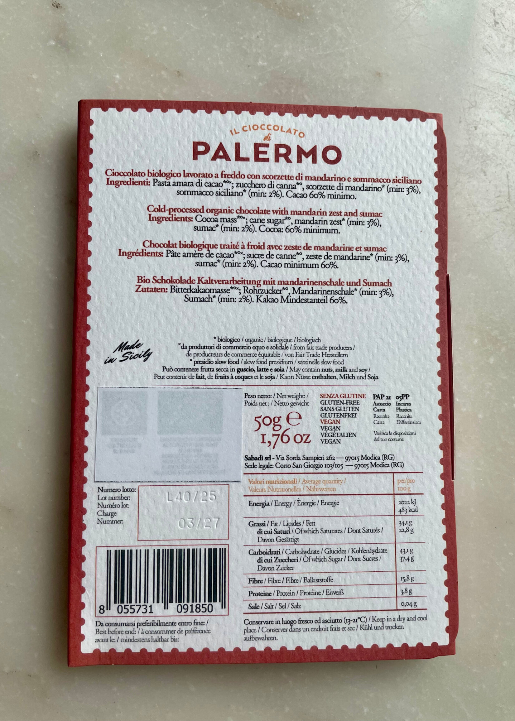Sabadi Organic Palermo with Mandarin Zest & Sumac 60% Cocoa 50g