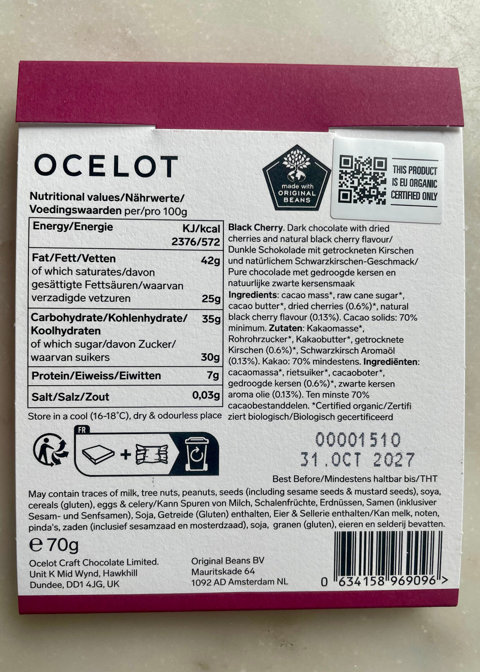 Ocelot Black Cherry 70% Dark Chocolate 70g