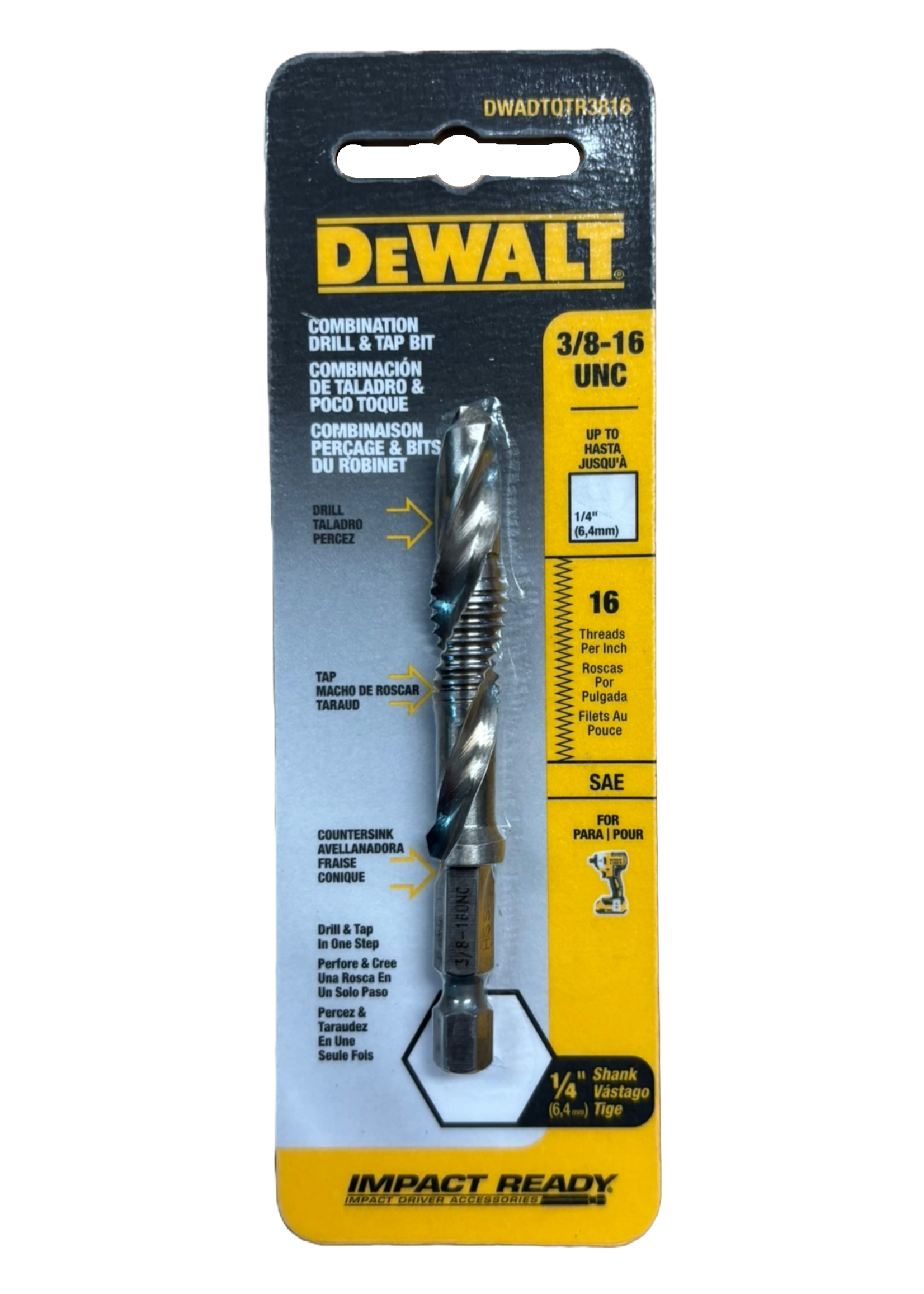 3/8"-16  Drill Tap, 1/4 Hex Drive, ea