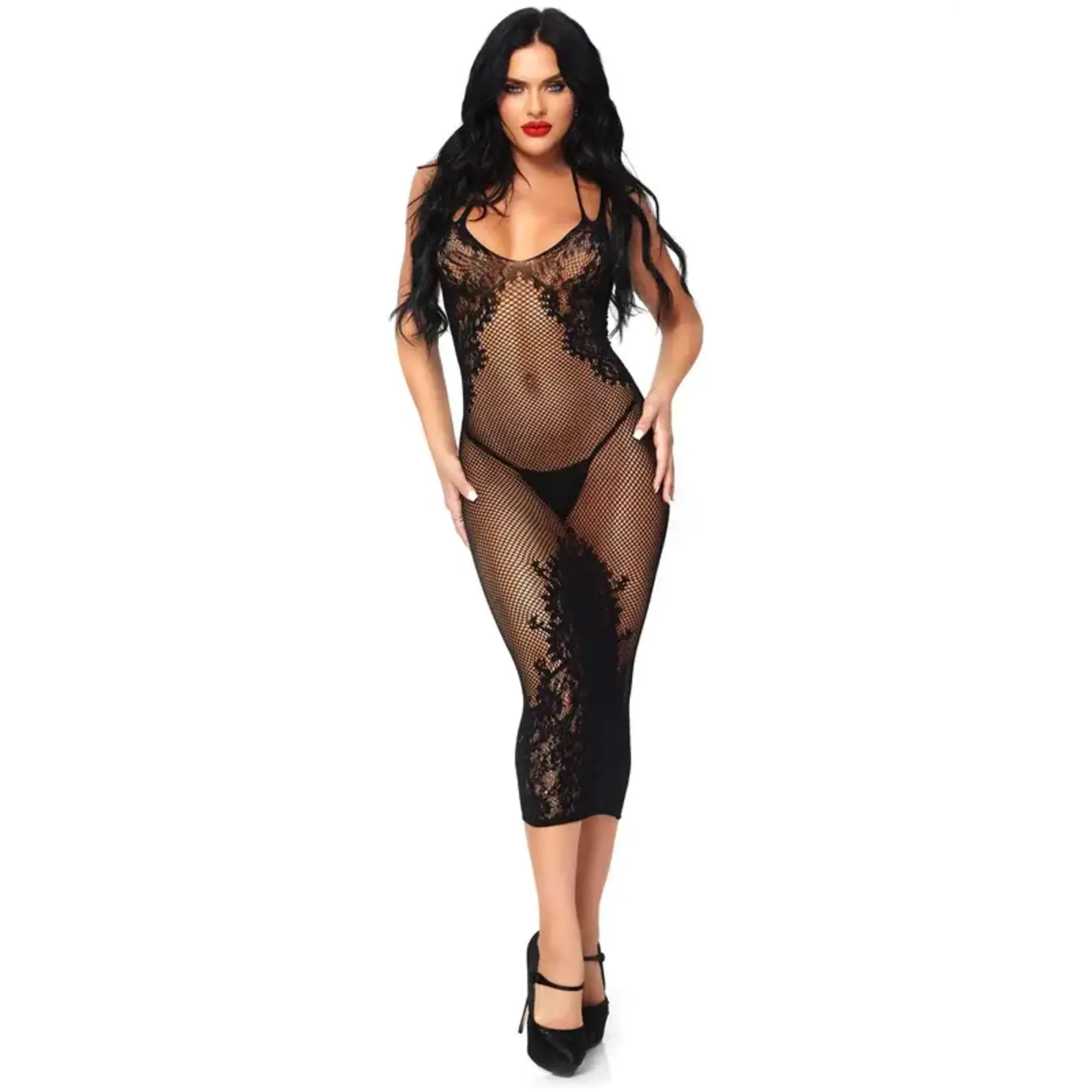 Leg Avenue 86064 Seamless net and lace dual strap halter dress with faux lace up back OS Black