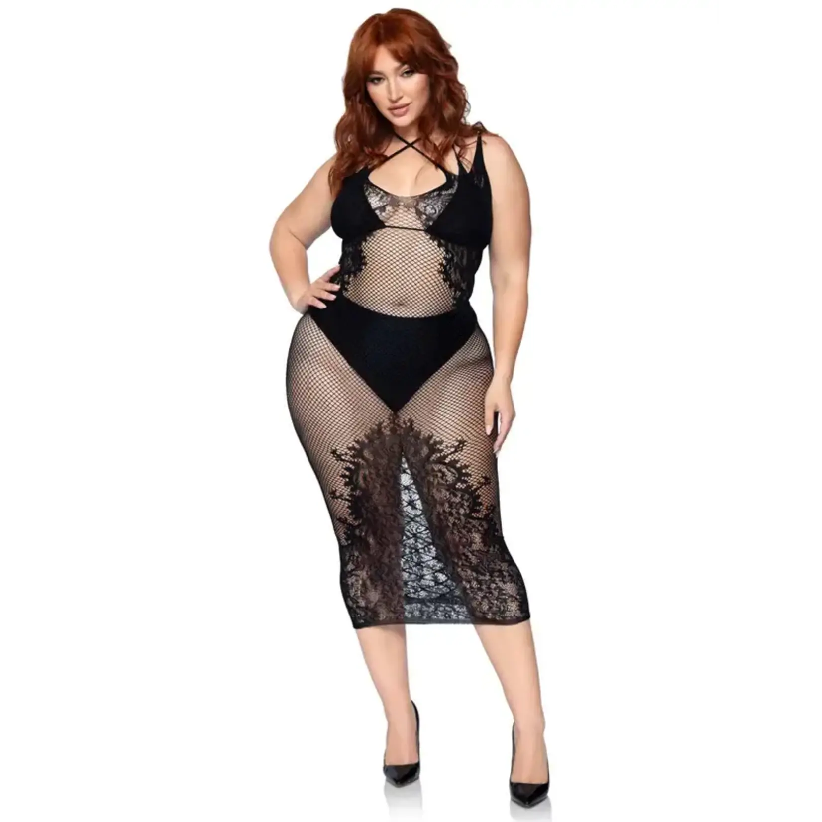 Leg Avenue 86064x Seamless net and lace dual strap halter dress with faux lace up back 1X-2X Black