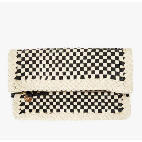 Clare Vivier Clare V. Foldover Clutch w/ Tabs -Border Woven Checker-Cream/Black