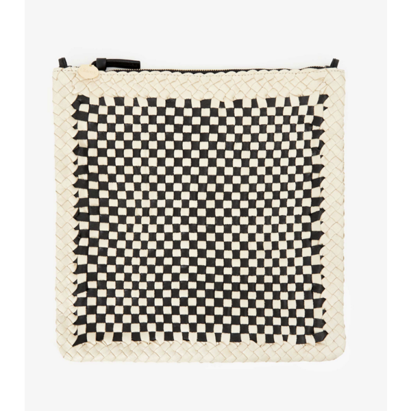 Clare Vivier Clare V. Foldover Clutch w/ Tabs -Border Woven Checker-Cream/Black