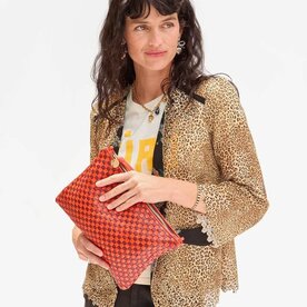Clare Vivier Clare V. Flat Clutch w/Tabs Woven Checker Bright Poppy/Bordeaux