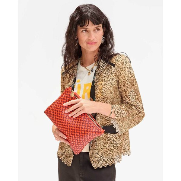 Clare Vivier Clare V. Flat Clutch w/Tabs Woven Checker Bright Poppy/Bordeaux