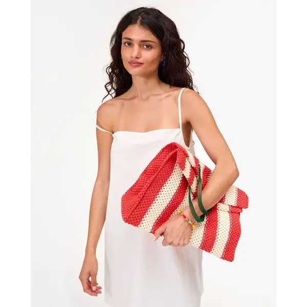 Clare Vivier Clare V. Simple Tote Crochet Stripe Cream/Bright Poppy