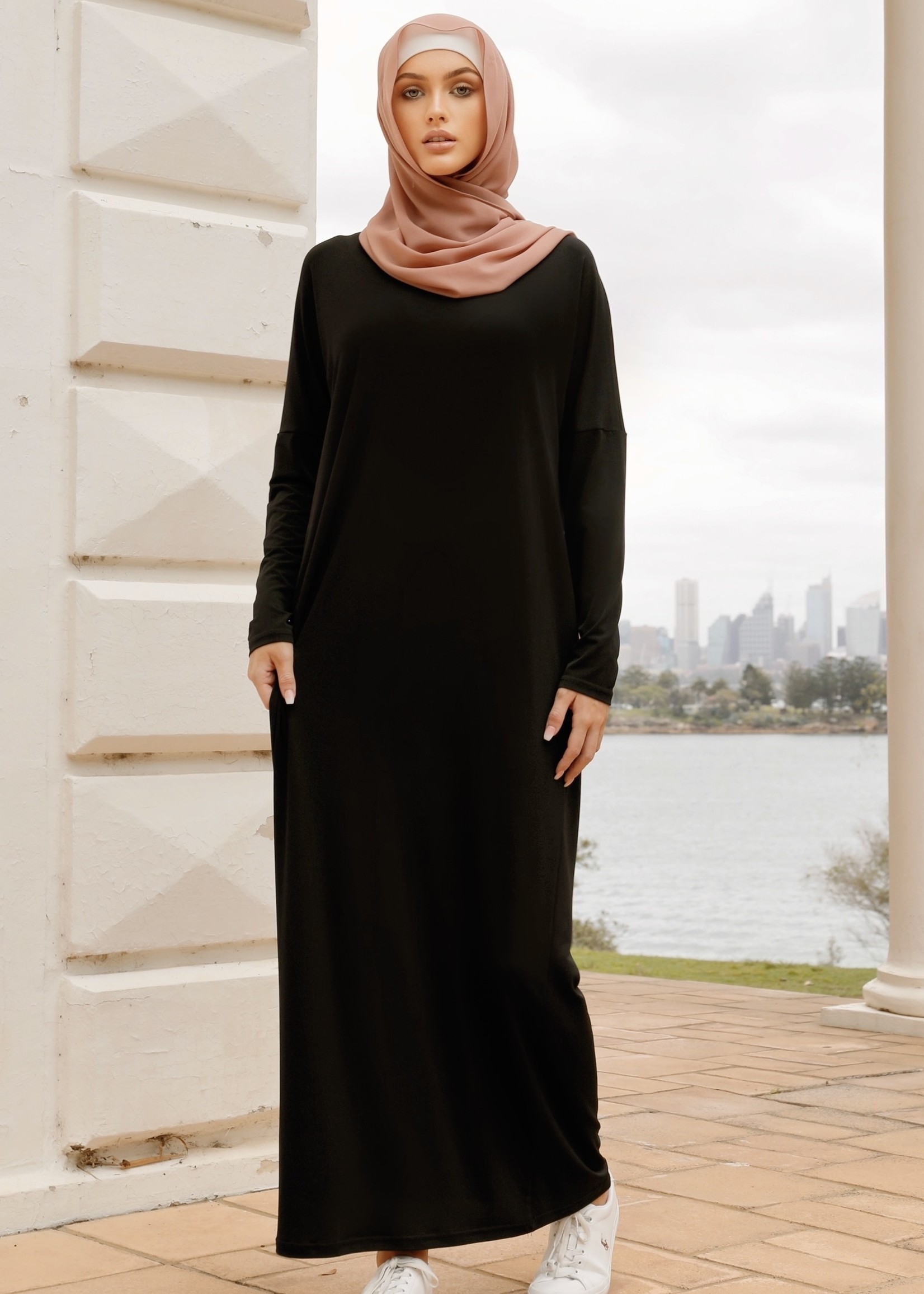 Nasiba Fashion Lycra Dolman Dress - Black