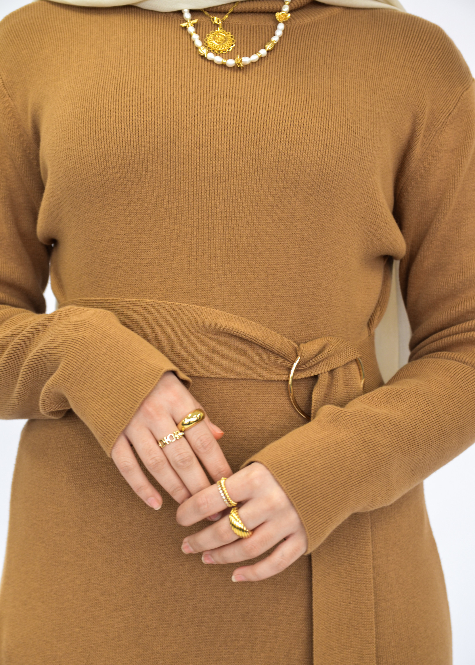 Nasiba Fashion Camel Wintertide belted dress